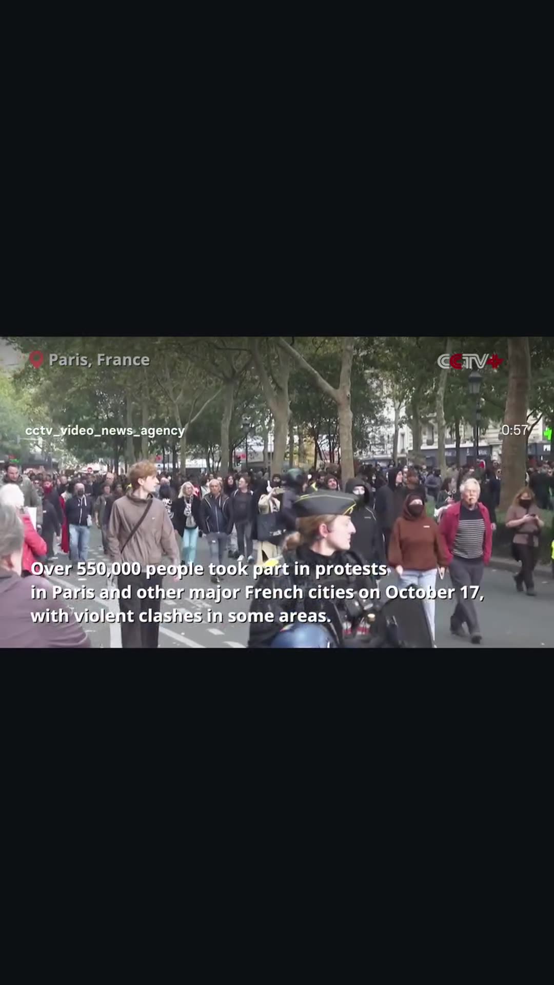 A story reshares a CCTV Video News Agency reel on the October 17 protests in Paris and other French cities over the cost of living and weakening public services. Protesters are interviewed about fuel prices and public services, and police appear along the march.