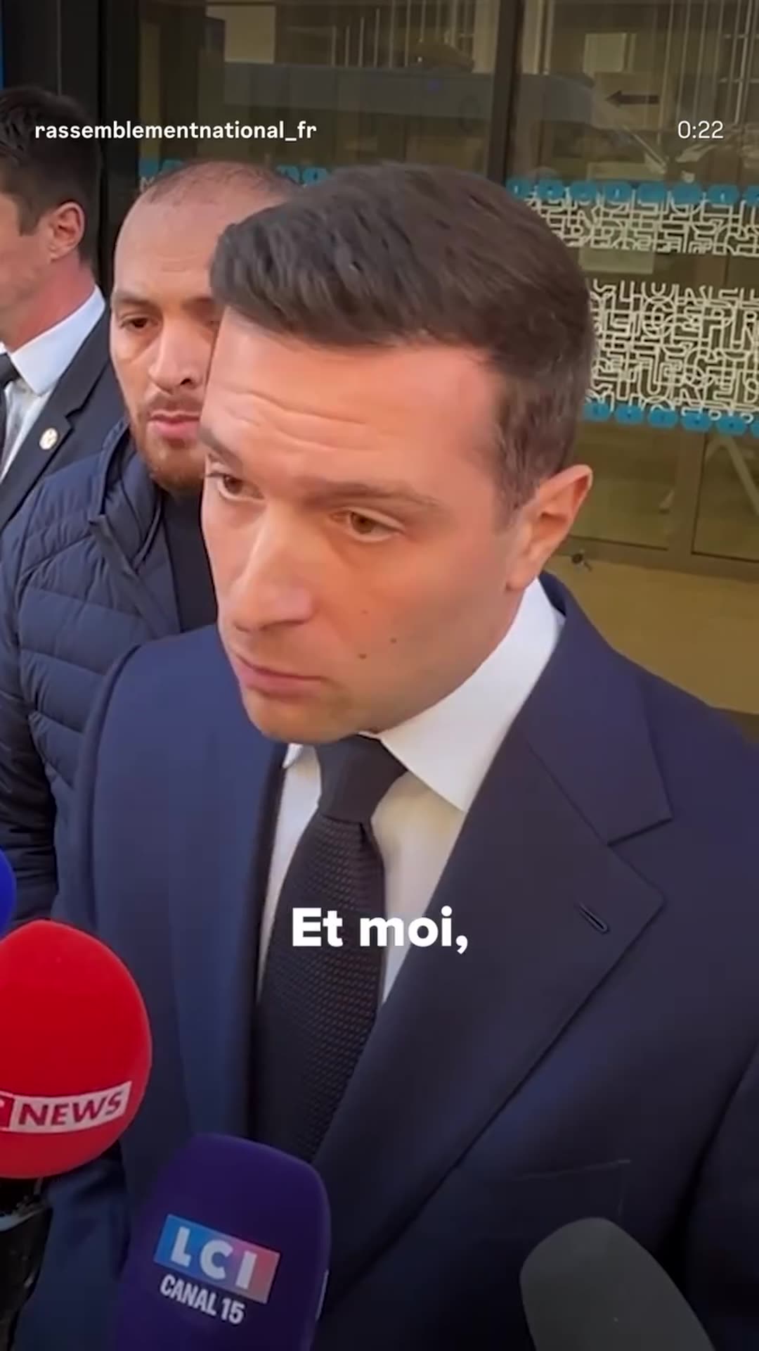A story reshares a Rassemblement National reel in which a speaker in front of microphones blames decades of laxity for the recent unrest, speaks to those whose windows were broken and shops burned, and says elections in a few months will decide civil peace and order.