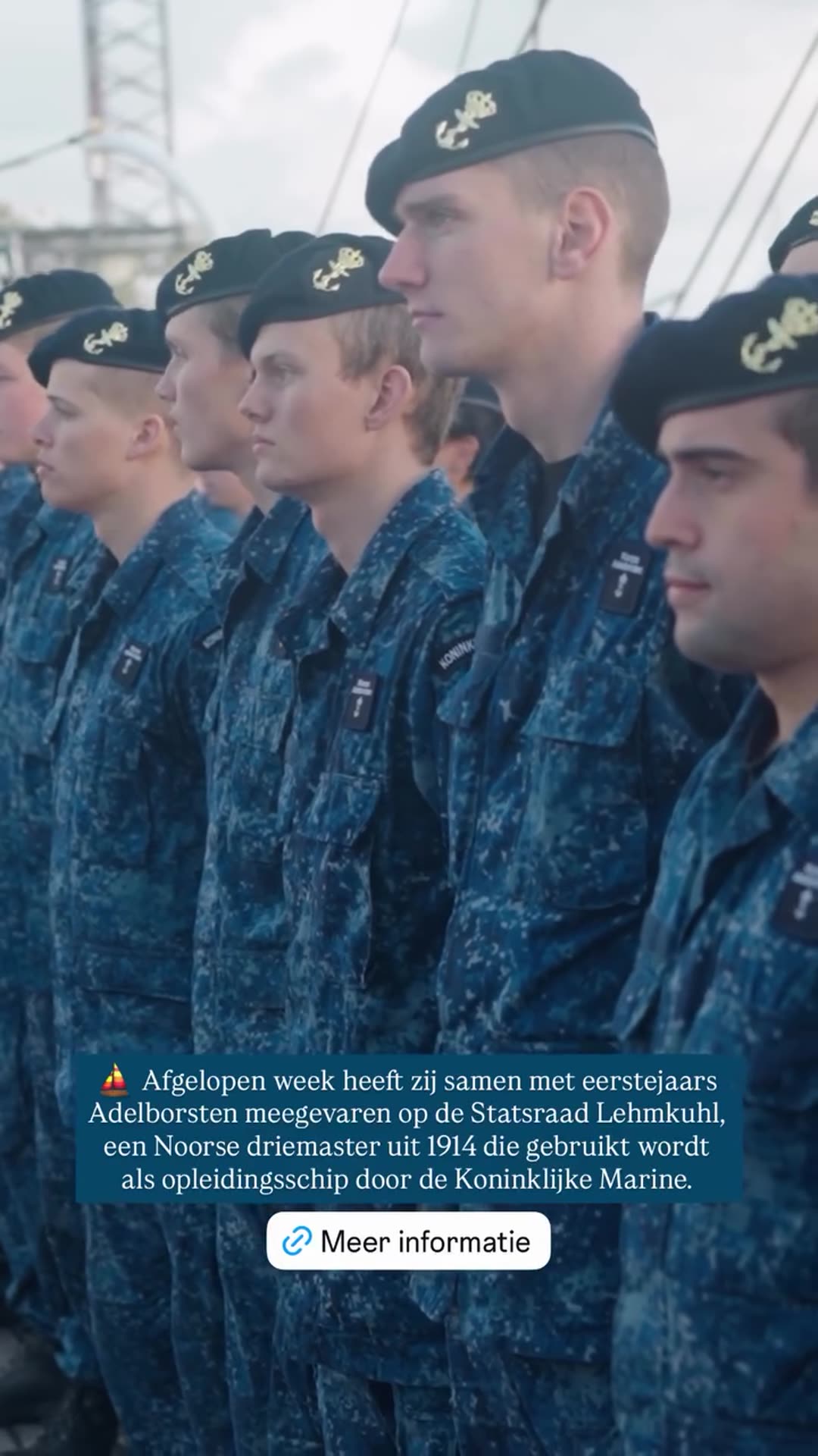 A story reshares a Royal House video about a week spent sailing with first-year Adelborsten (naval cadets) aboard the Statsraad Lehmkuhl, a Norwegian three-master from 1914 used as a training ship by the Royal Netherlands Navy. It shows the ship's masts, a crew member on the radio, cadets standing…