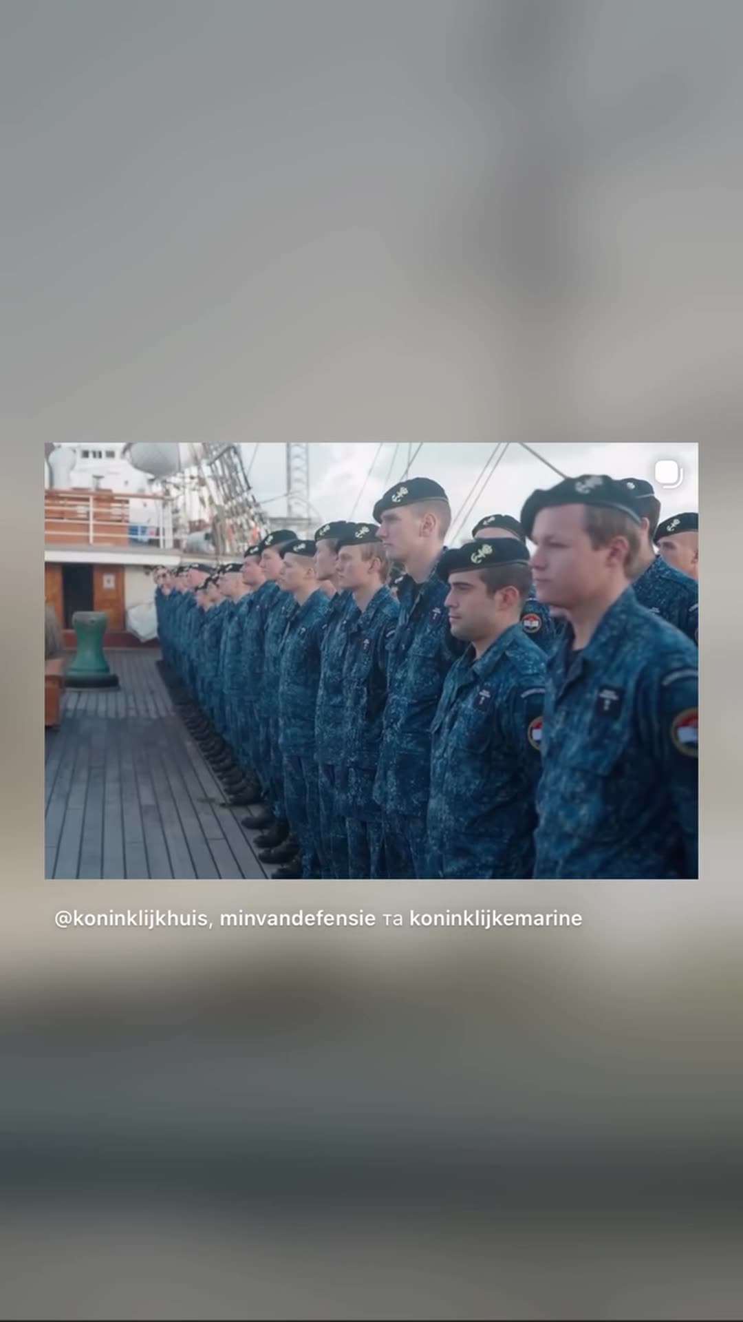 A story reshares a Koninklijk Huis post, with a video and photos, of the Princess of Orange being promoted to sergeant at an 'Alle hens' ceremony aboard the Norwegian training ship Statsraad Lehmkuhl in Den Helder. It shows the ship, the assembled crew, the promotion rituals and her leaving the shi…