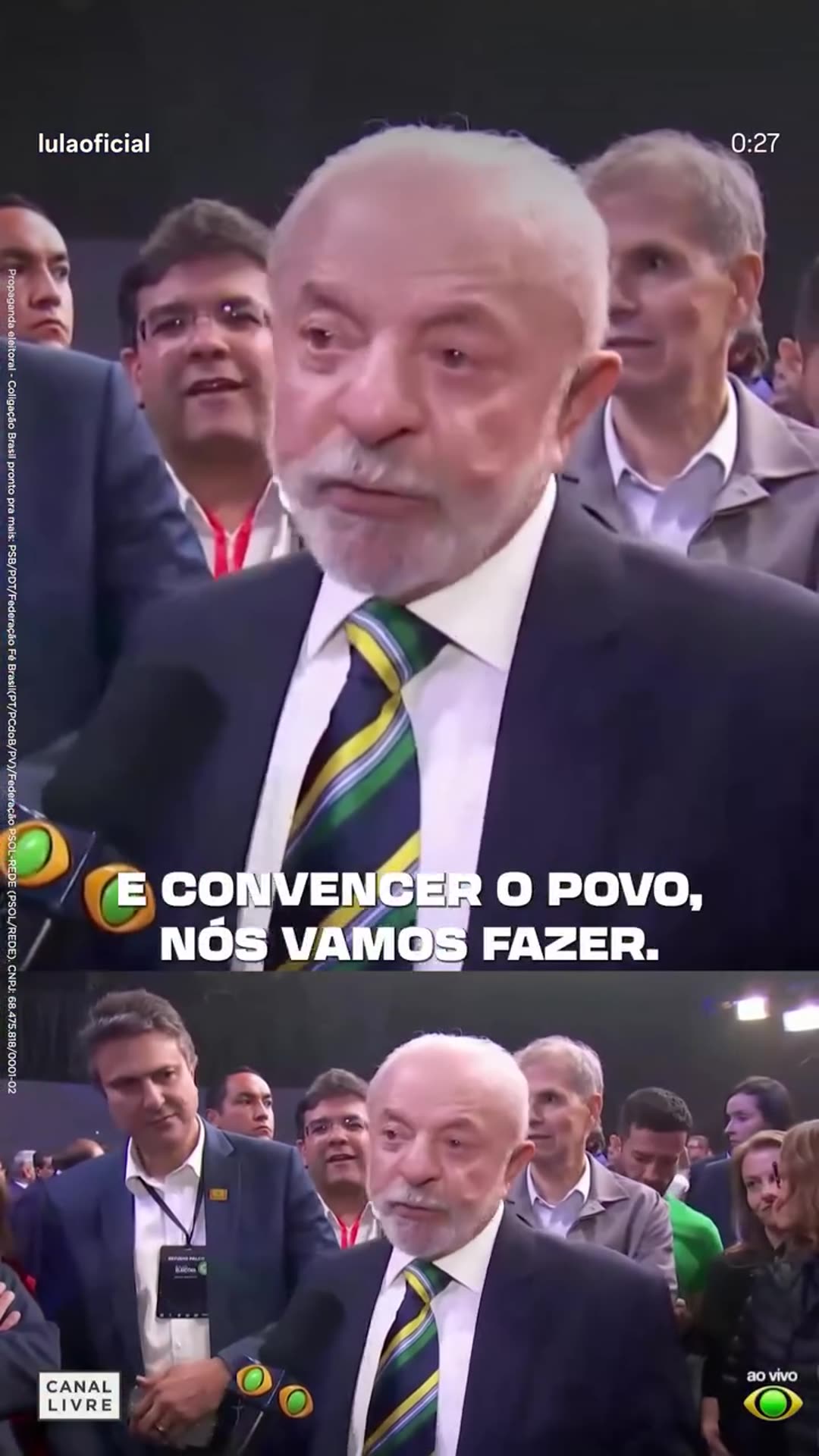 A story reshares a reel from @lulaoficial in which Lula tells reporters at the debate venue that he will keep campaigning, urge non-voters and people over 60 to vote, and wants a debate focused on government programs, and says he is convinced of winning the election next Sunday. The clip ends with…