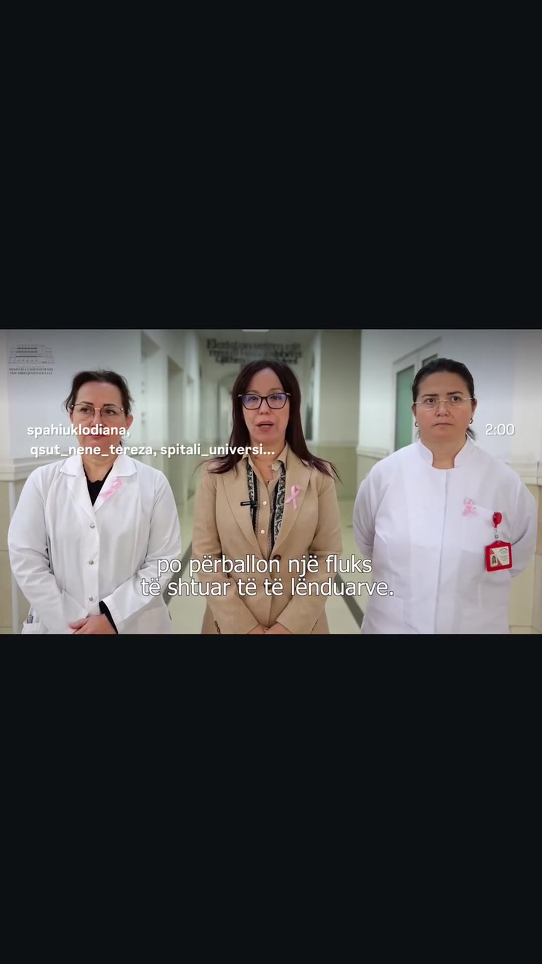 A story reshares a reel from @spahiuklodiana (Klodiana Spahiu). In Albanian, an official thanks emergency and hospital staff dealing with an influx of injured people at the University Trauma Hospital, urges care for children and young people, and asks the public to avoid fake news and verify inform…
