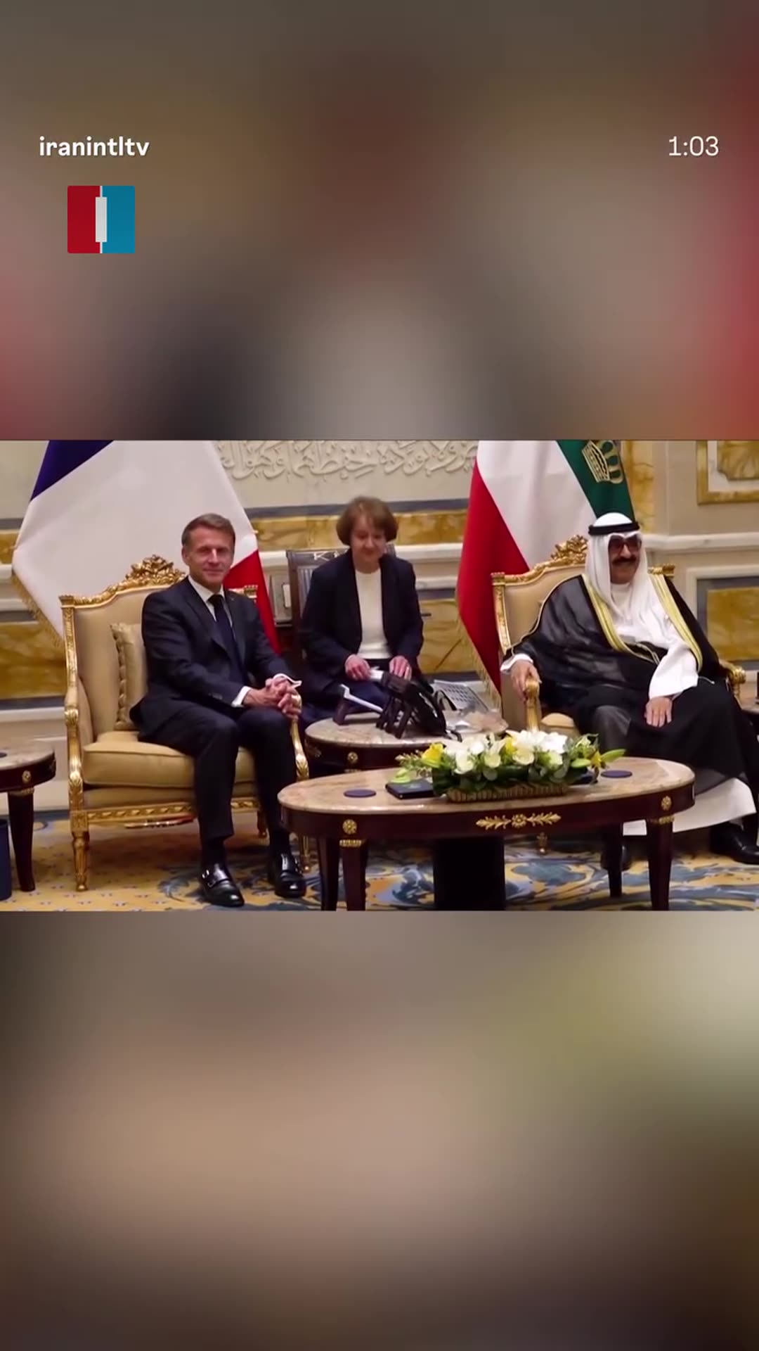 A story reshares an Iran International reel showing Emmanuel Macron and the Emir of Kuwait meeting and signing agreements at Bayan Palace, with a ceremonial arrival, seated talks, document exchange and handshakes.