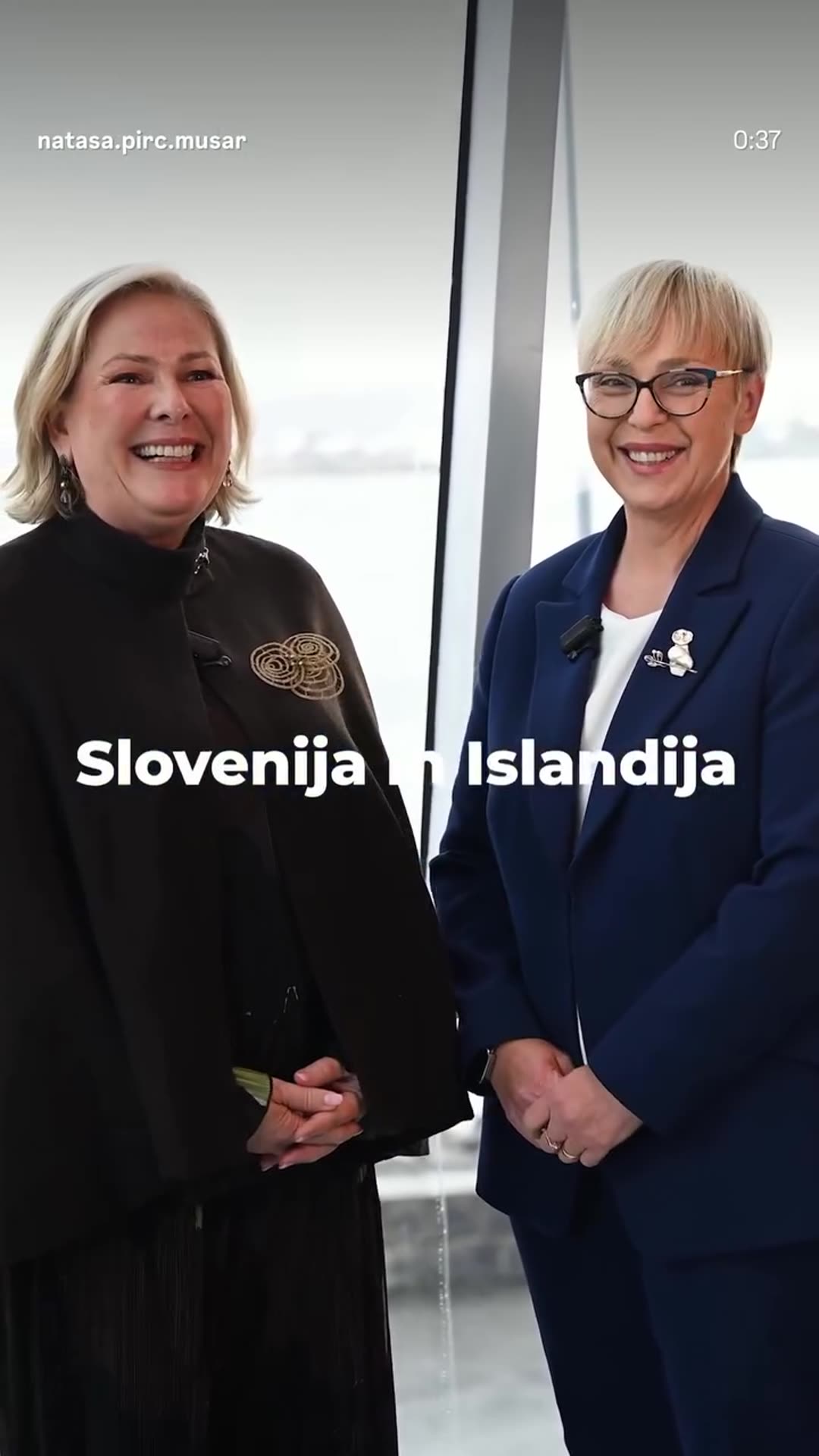 A story reshares a reel by @natasa.pirc.musar of a relaxed, playful exchange between the Slovenian president and her Icelandic counterpart, filmed as the cameras kept rolling. They joke about the names Slovenia (love) and Iceland (ice), and one recalls ringing the bell at Bled church with her husba…