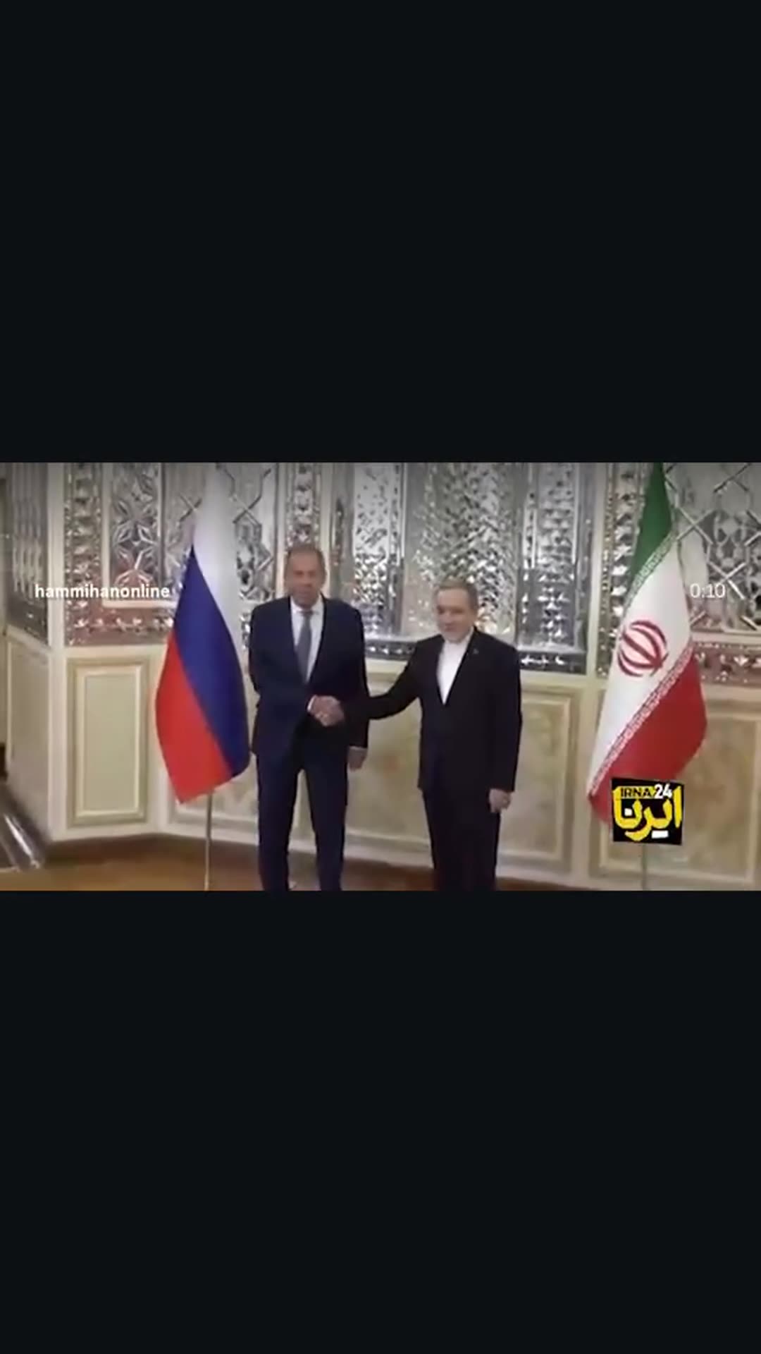 A story reshares a reel of the Iranian foreign minister welcoming his Russian counterpart. They walk through a hall, stand between the Russian and Iranian flags and shake hands for photographers.