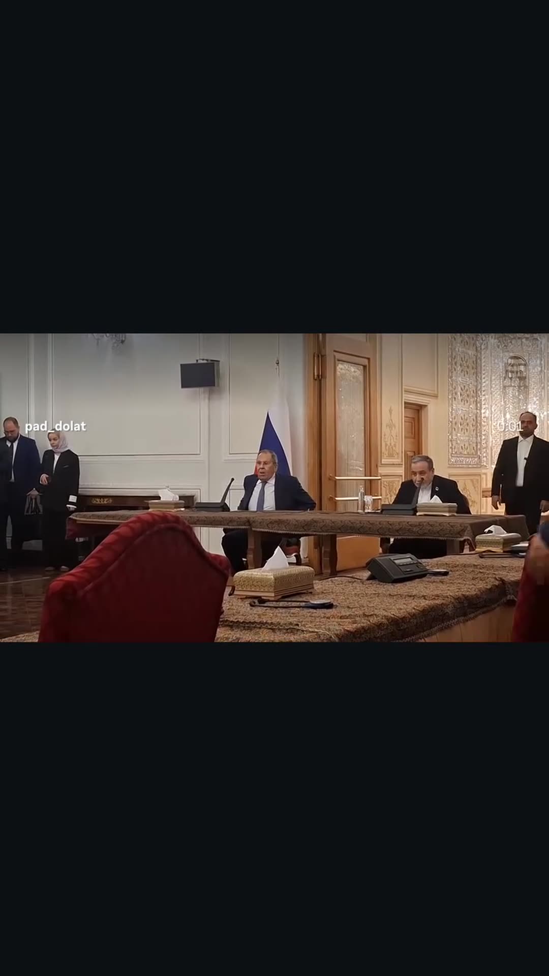 A reshared story of the Iranian and Russian foreign ministers entering a formal room and taking their seats at the start of their joint press conference in Tehran.