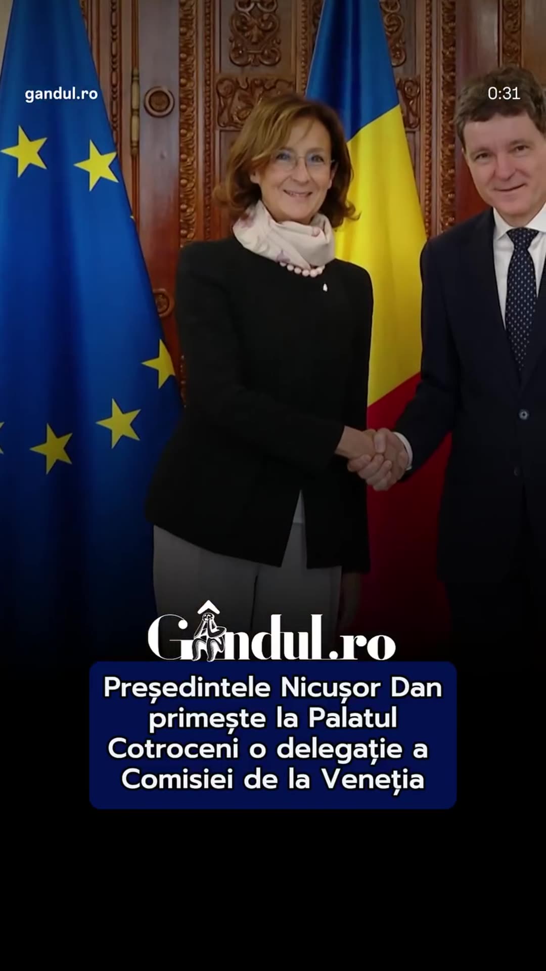A reshared Gândul reel shows the President of Romania receiving a Venice Commission delegation at Cotroceni Palace. It covers handshakes, a group photo on the red-carpeted staircase, talks around the conference table and the guest of honour signing the guest book.