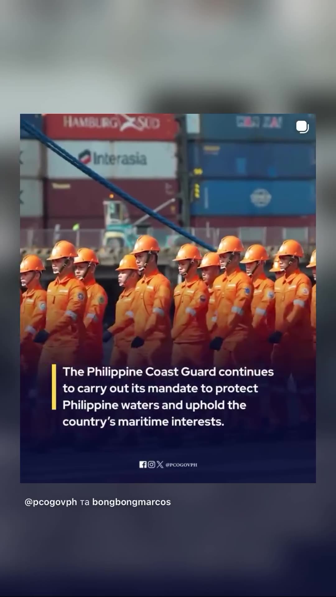 A story reshares the Presidential Communications Office carousel on the Philippine Coast Guard Change of Command and Retirement Ceremony. It shows President Marcos Jr. honoring outgoing Admiral Gavan and PCG personnel on parade.