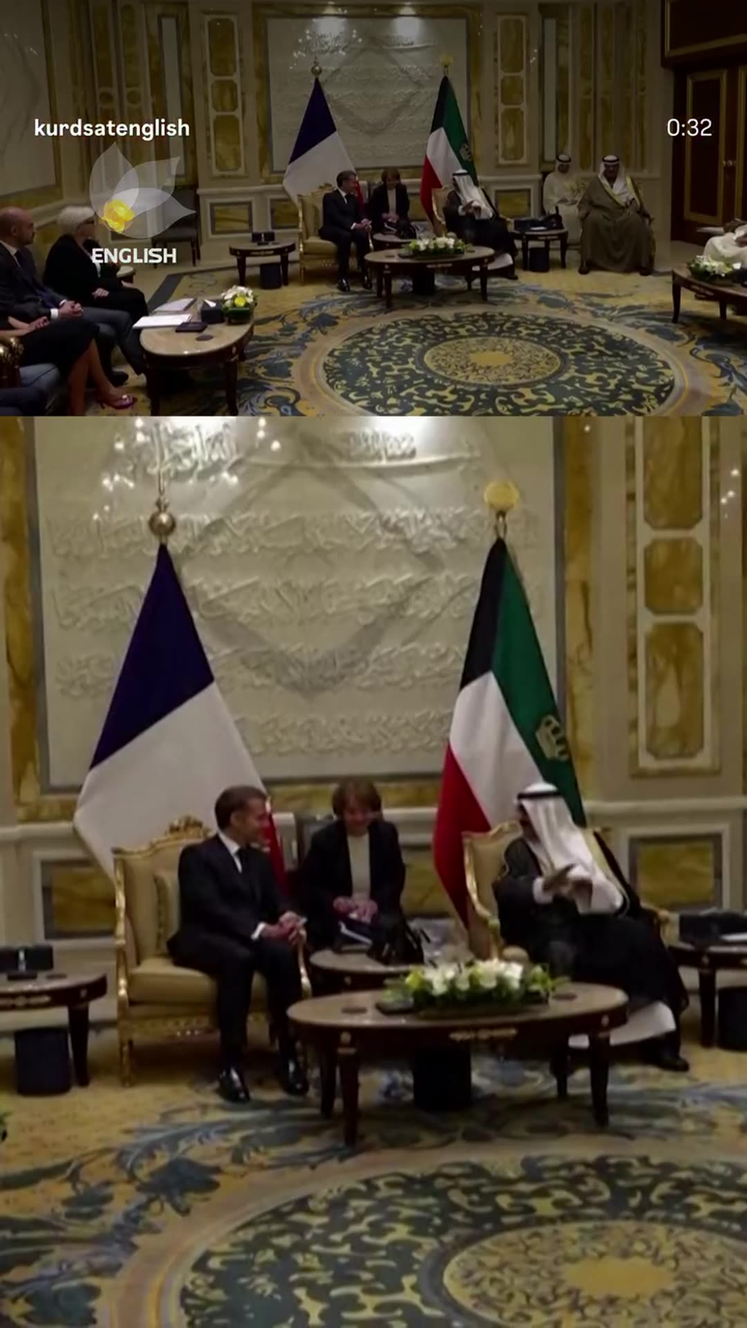 A story reshares a Kurdsat English reel showing French President Macron being received by Kuwait's Emir, walking along a red carpet past an honor guard, and sitting down for talks, with a headline about securing energy supplies amid unrest in France.
