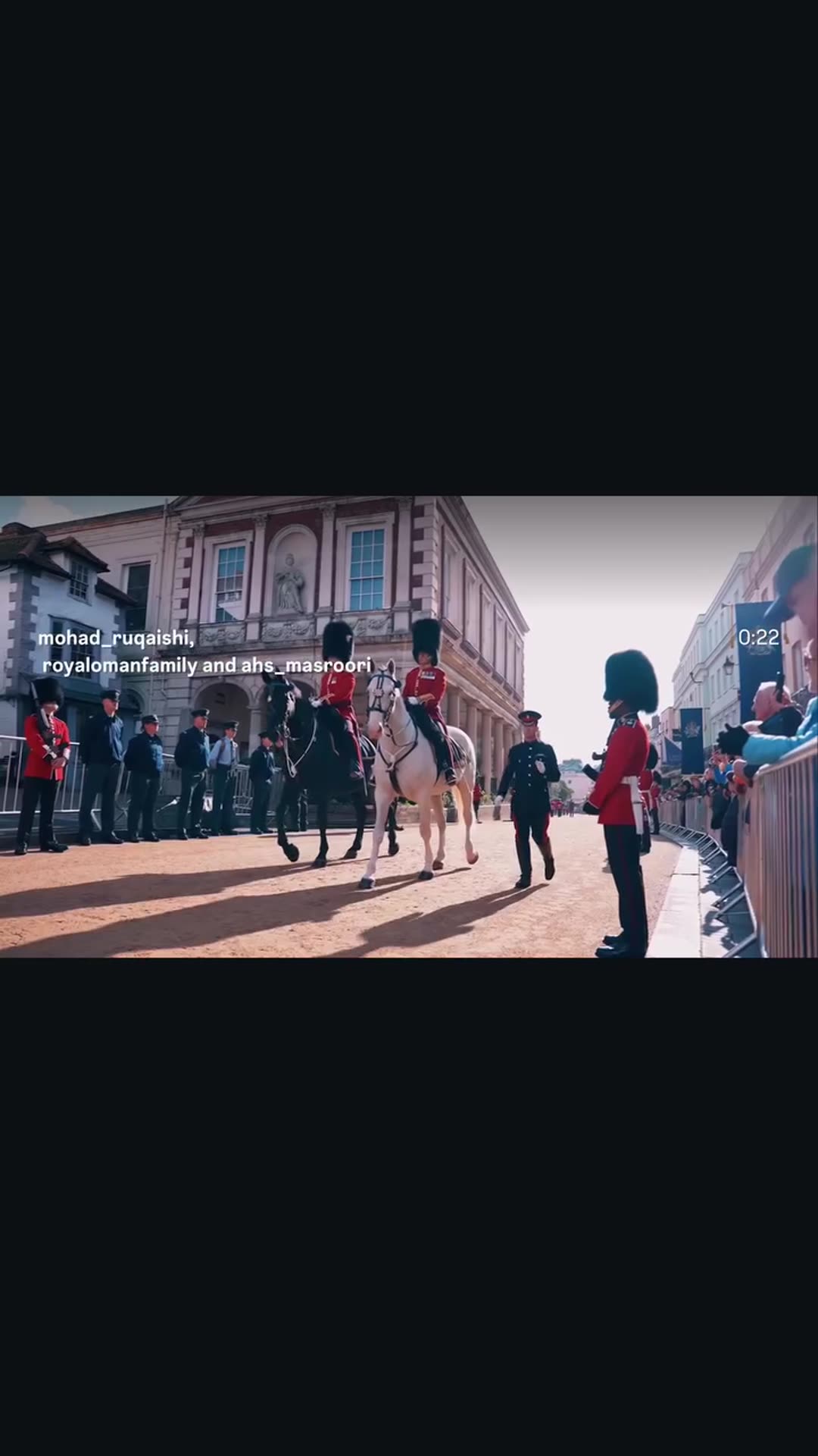 A story reshares a reel showing Windsor decorated with Omani flags and Union Jacks, with bands, guards and cavalry on parade as the town prepares to receive the Sultan of Oman.
