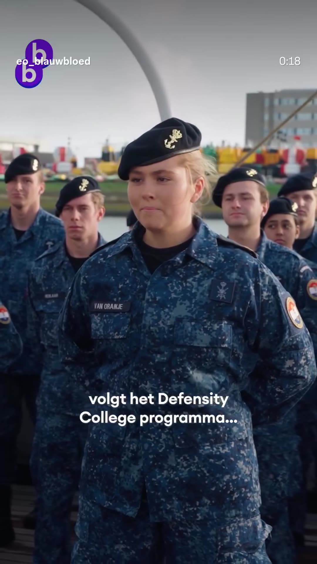 A story reshares an EO Blauw Bloed reel about Princess Amalia's promotion to sergeant aboard the sailing ship Statsraad Lehmkuhl in Den Helder, with a Defence spokesperson saying how glad the Navy is that she takes part in the Defensity College programme.
