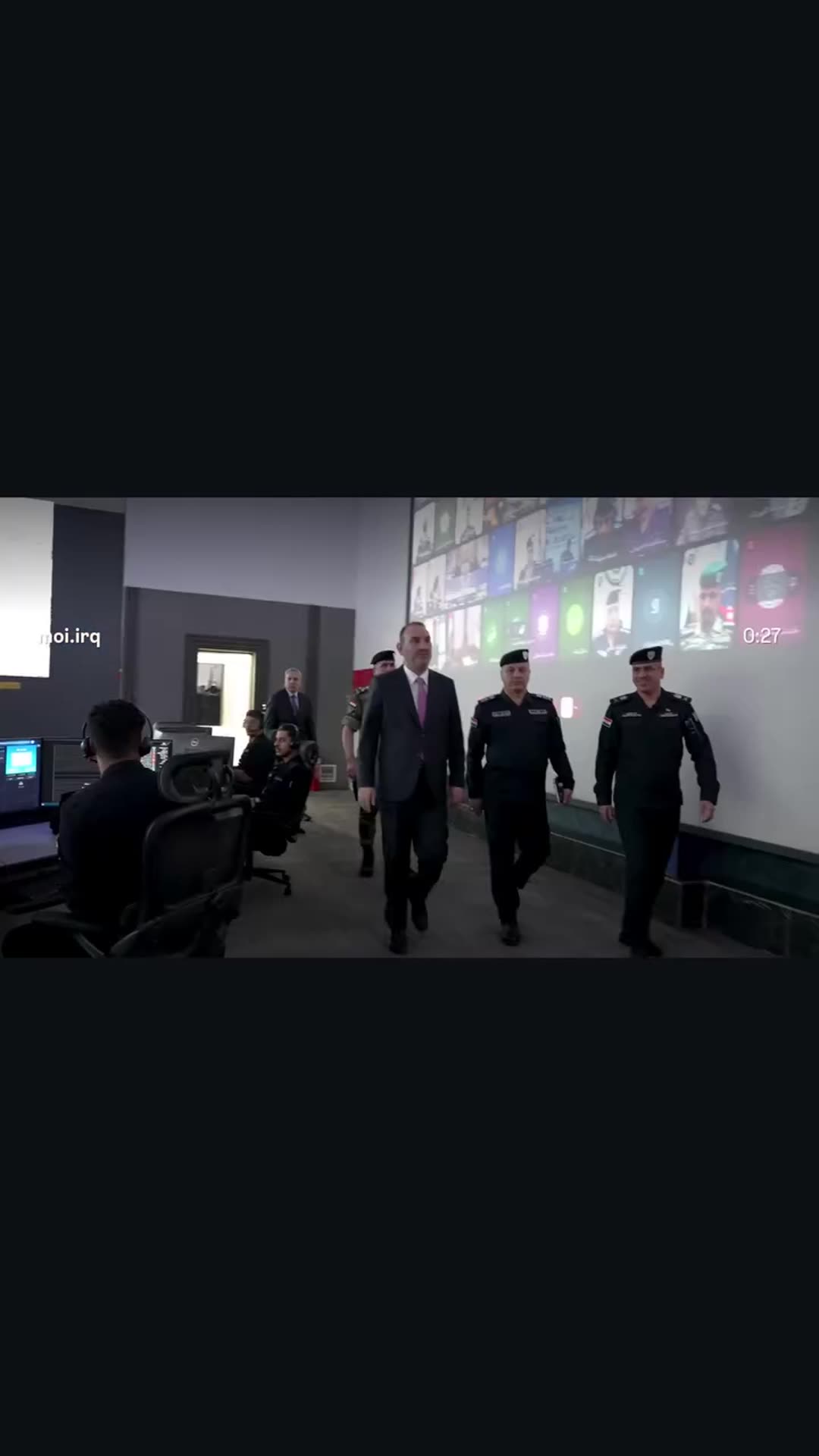 A story reshares an official Iraqi Ministry of Interior reel of the interior minister's inspection tour of the Ministry Operations Directorate, the National Command Center and the central 911 response directorate.