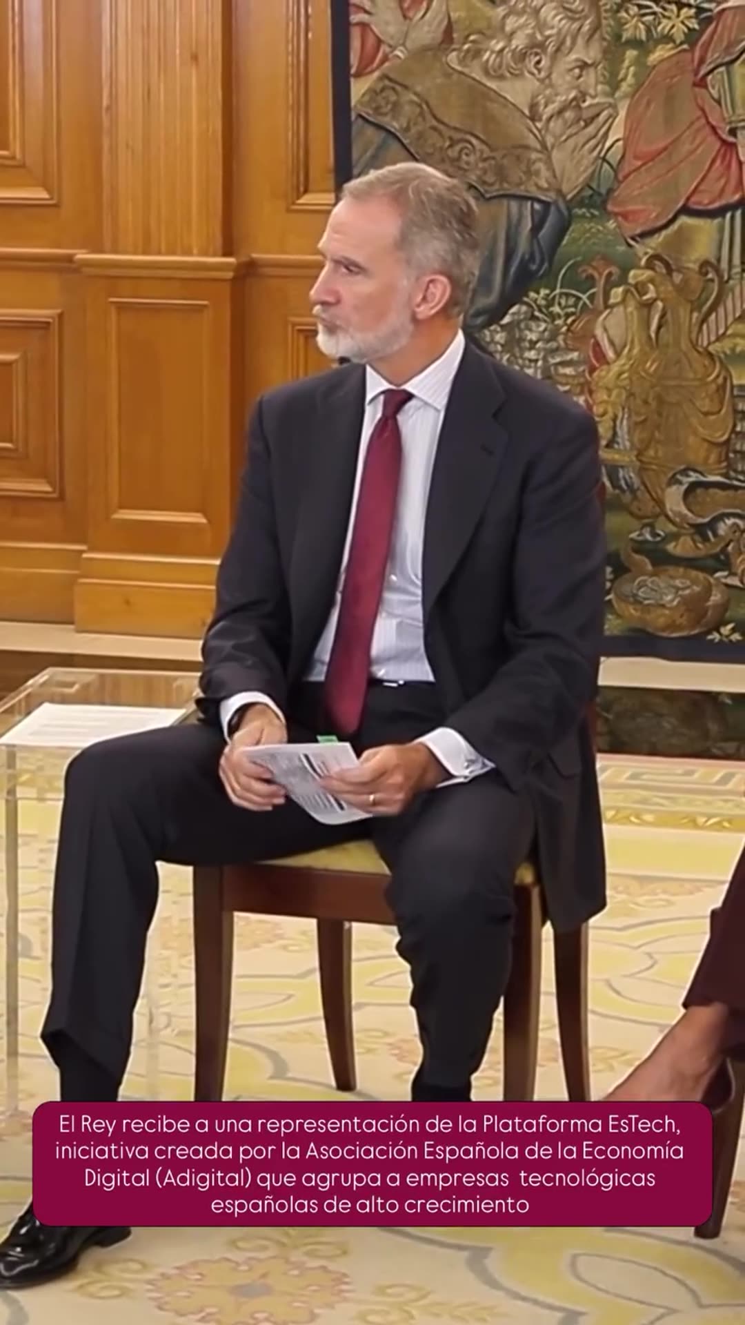 A Casa Real video, reshared as a story, shows the King of Spain receiving a delegation of the EsTech Platform. The delegation is a Adigital initiative for fast-growing Spanish tech companies. The video starts with a group photo on the steps and continues with a seated audience in a palace room.