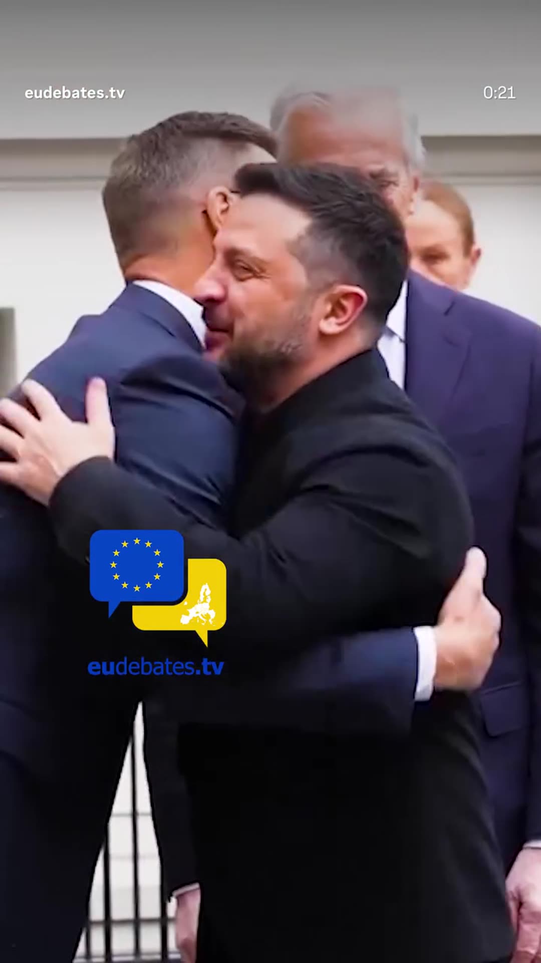 A story reshares a eudebates.tv reel showing the Ukrainian president's arrival in Oslo, with greetings on the airport apron, a royal guard of honour, and handshakes and hugs with Nordic leaders before a photo in front of Norwegian, Ukrainian, Finnish and US flags.