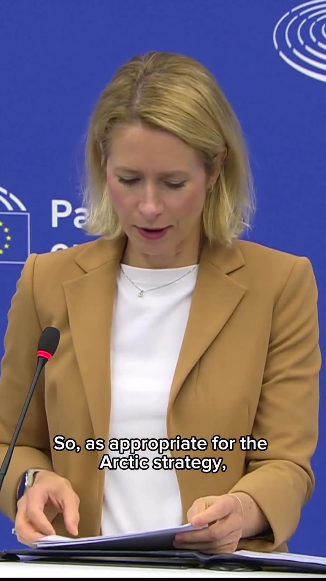 A story reshares a video of Kaja Kallas speaking at a European Parliament press room podium in Strasbourg (probably). She announces that the College adopted a joint communication, 'The European Northern Neighbourhood: a New Strategy for the Arctic'.