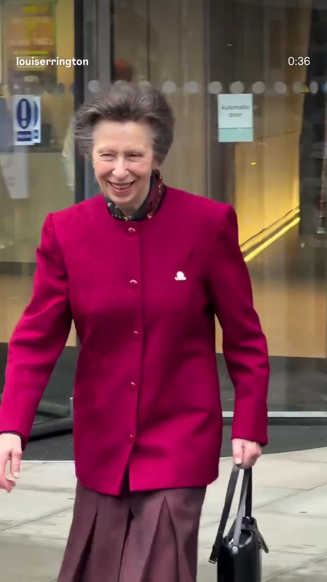 A reshared reel by Louis Errington shows Princess Anne leaving the Transaid 2026 Showcase in London, getting into a black Bentley in the rain and waving through the window as a police motorcycle escort pulls away.