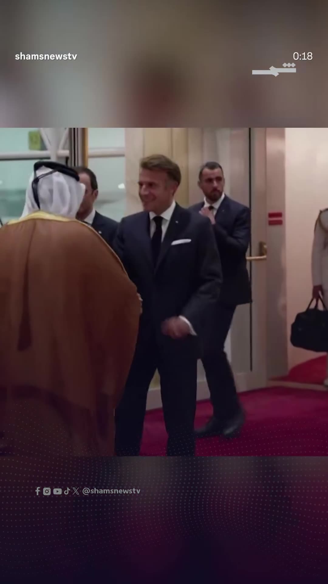A story reshares a Shams TV reel showing French President Emmanuel Macron arriving in Qatar and being greeted by officials on a red carpet. The on-screen Arabic text says he arrives after securing additional diesel supplies from the UAE and Bahrain.