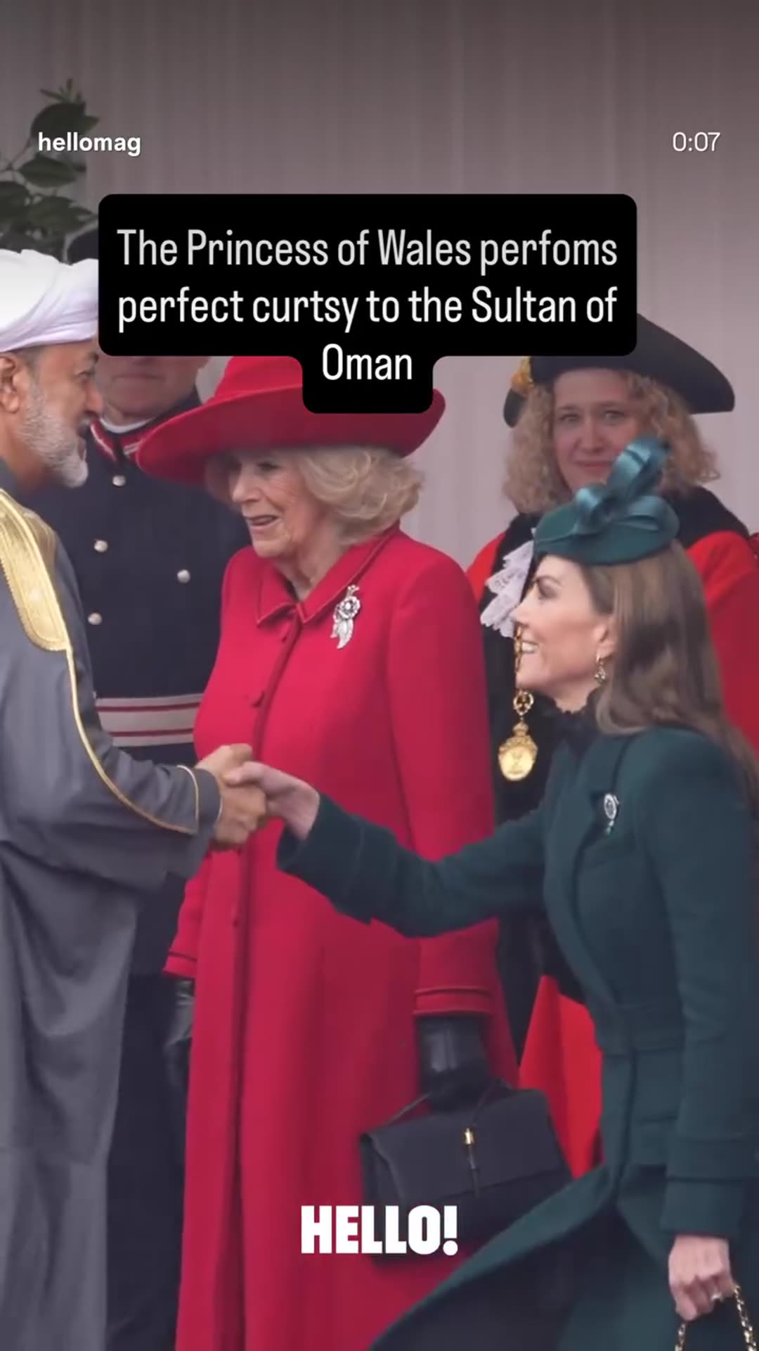 A story reshares a HELLO! Magazine reel showing the royal welcome of the Sultan of Oman on the dais at Windsor, including the Princess of Wales's curtsy.