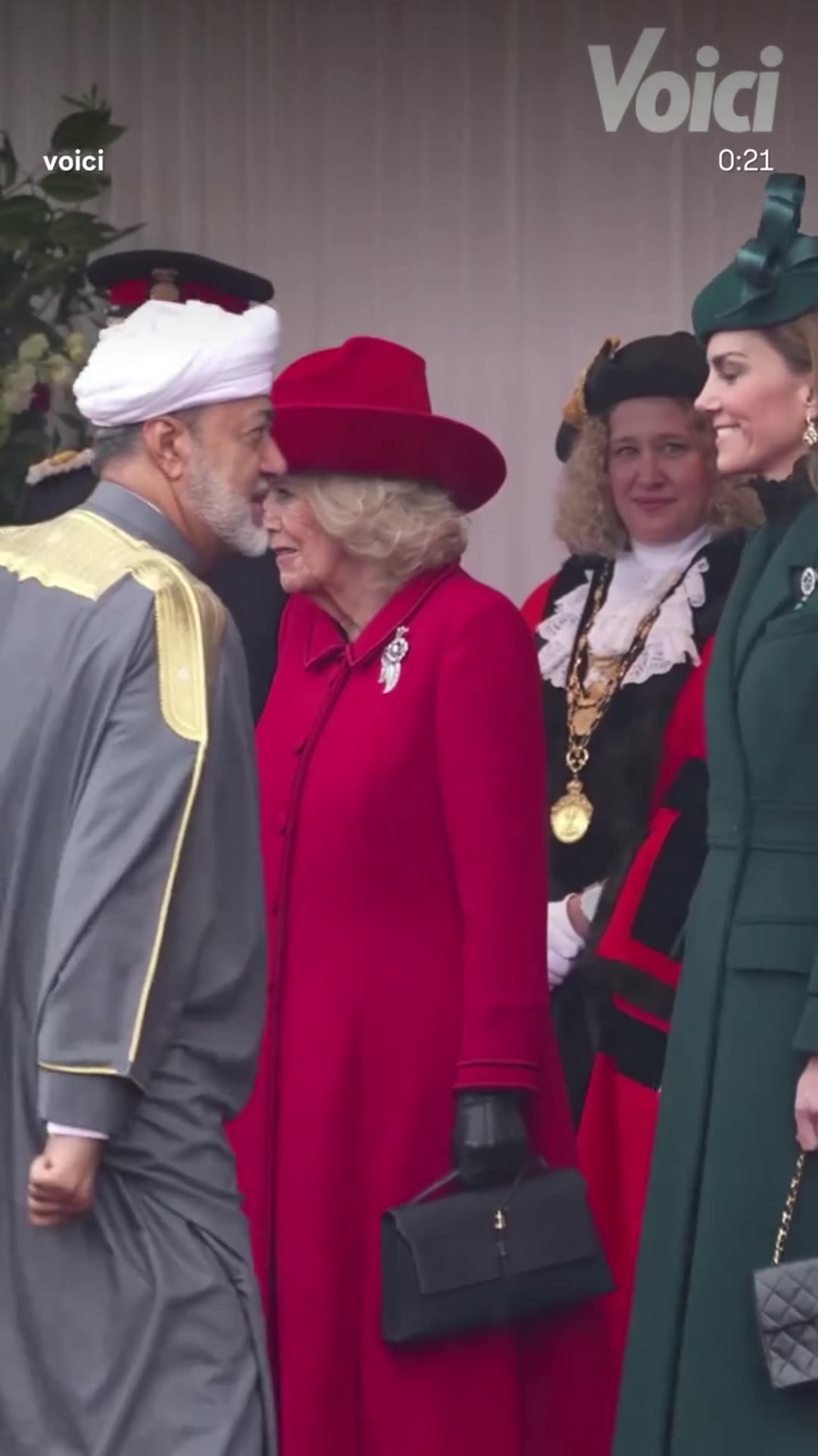 A story reshares a Voici reel showing the Prince and Princess of Wales and Queen Camilla at the Windsor welcome ceremony for the Sultan of Oman's state visit, with a white horse and a state carriage seen at the end.