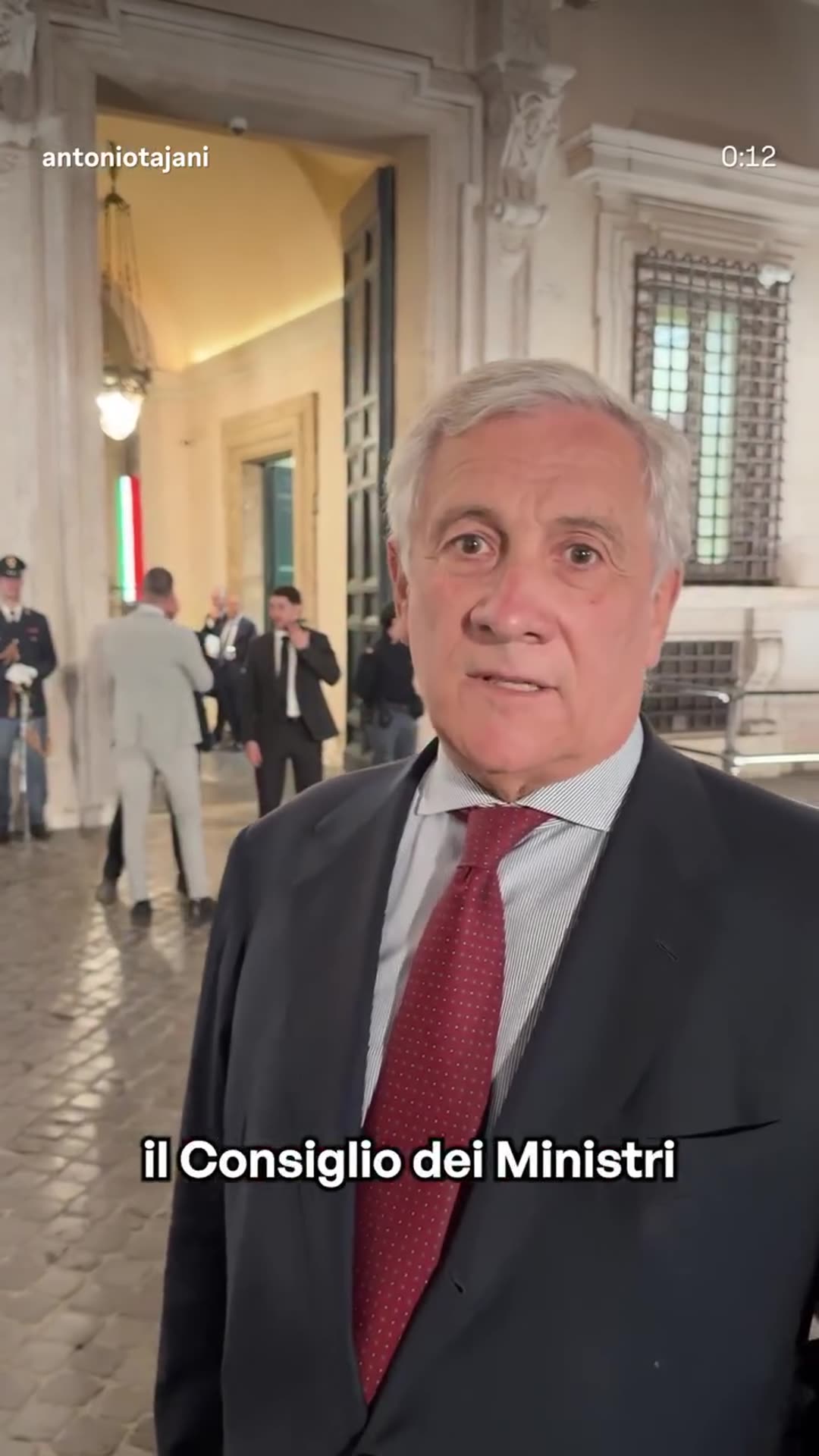 A story reshares Antonio Tajani's reel, in which he announces that the Council of Ministers has just ended and that the government has approved 500 soldiers for the streets of Milan and a set of rules against youth crime.