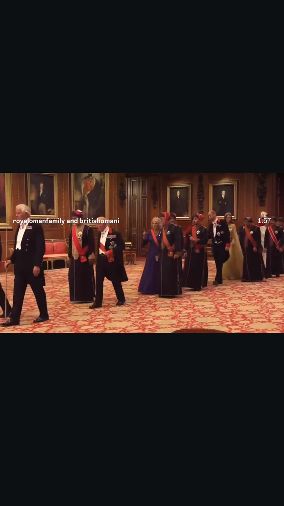A story reshares a Royal Oman Family reel with scenes from the state banquet King Charles III hosted at Windsor Castle for the Sultan of Oman during his state visit to the United Kingdom. A formal procession of royals and Omani dignitaries enters St George's Hall, and the guests stand at the long b…
