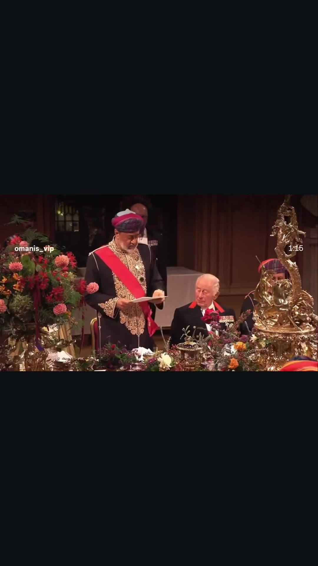 A story reshares a reel of the Sultan of Oman's speech at the state banquet hosted by King Charles III, ending with a prayer for the King's health and lasting friendship, followed by music from a gallery band.