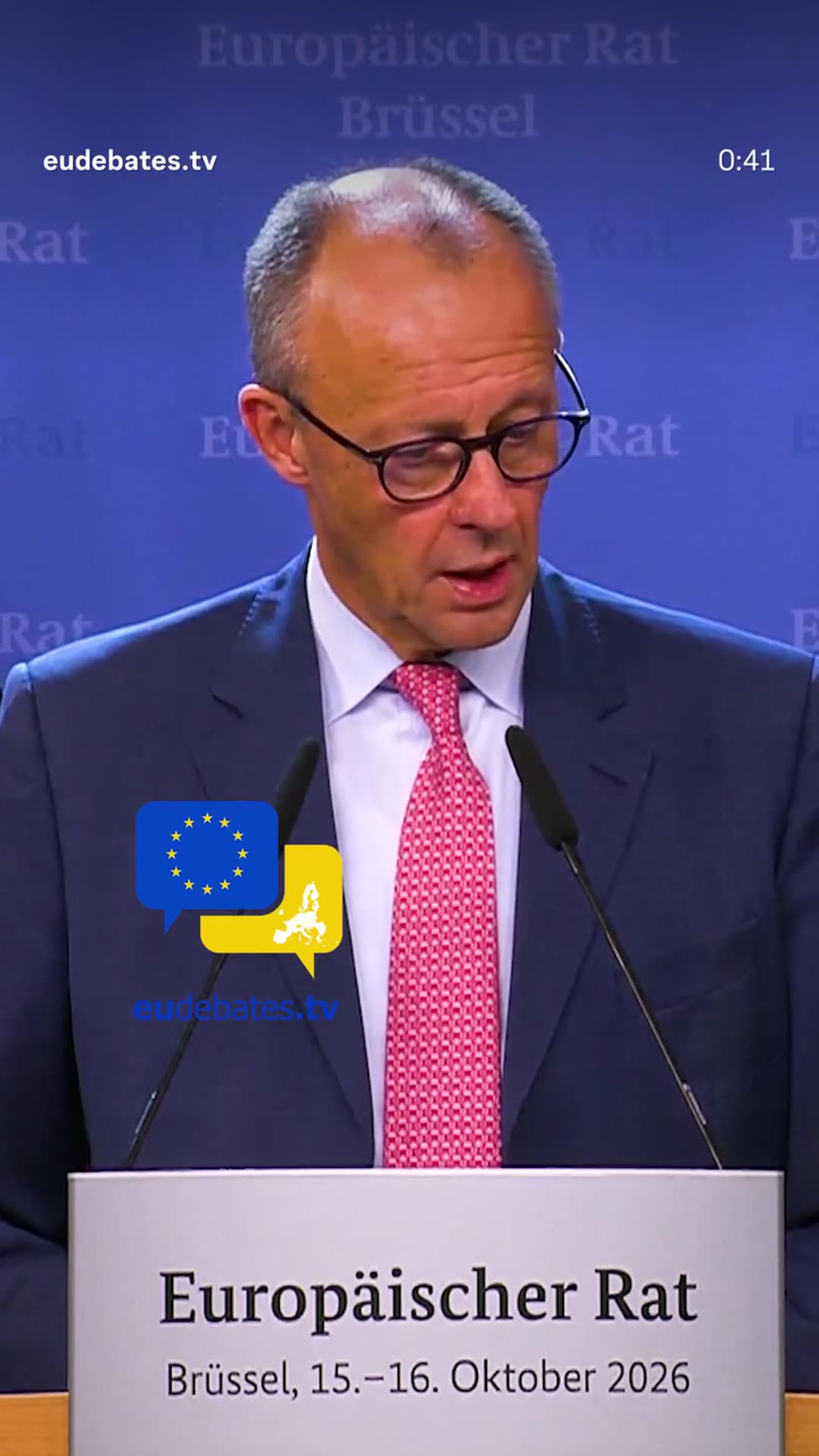 A story reshares eudebates.tv's reel of German Chancellor Friedrich Merz at a press conference after the European Council summit. He says the EU will assess each case of Russian action against European companies and respond, and that fewer visas for Russian nationals should be issued.