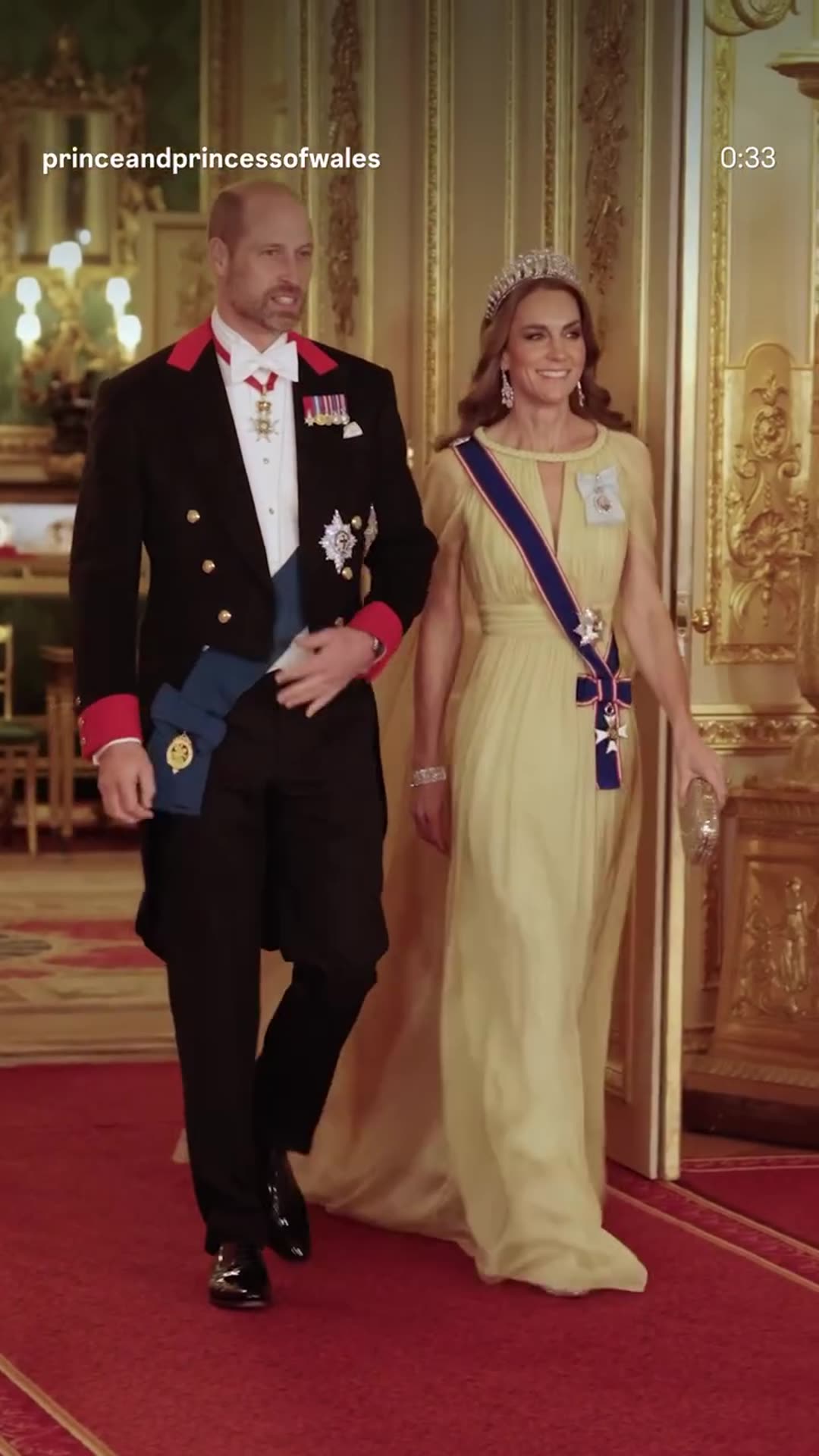 A story resharing the Prince and Princess of Wales' reel of the Windsor Castle state banquet for the Sultan of Oman, showing arrivals, table settings, a chef plating, a harpist, a speech and the long banquet hall.