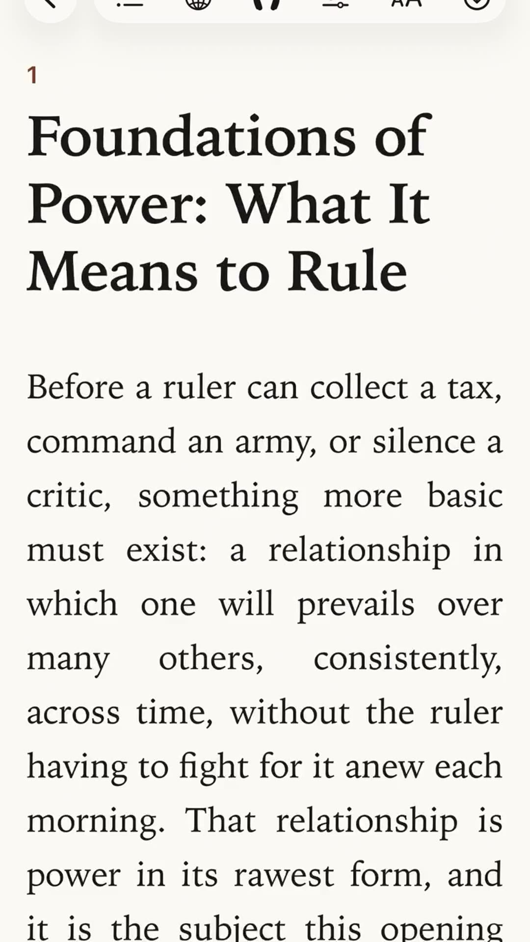 A screen recording of a reading app: the user types a topic into a Library search box, adjusts style sliders, and waits while the app plans and writes a book chapter titled "Foundations of Power: What It Means to Rule", which is then shown on screen.