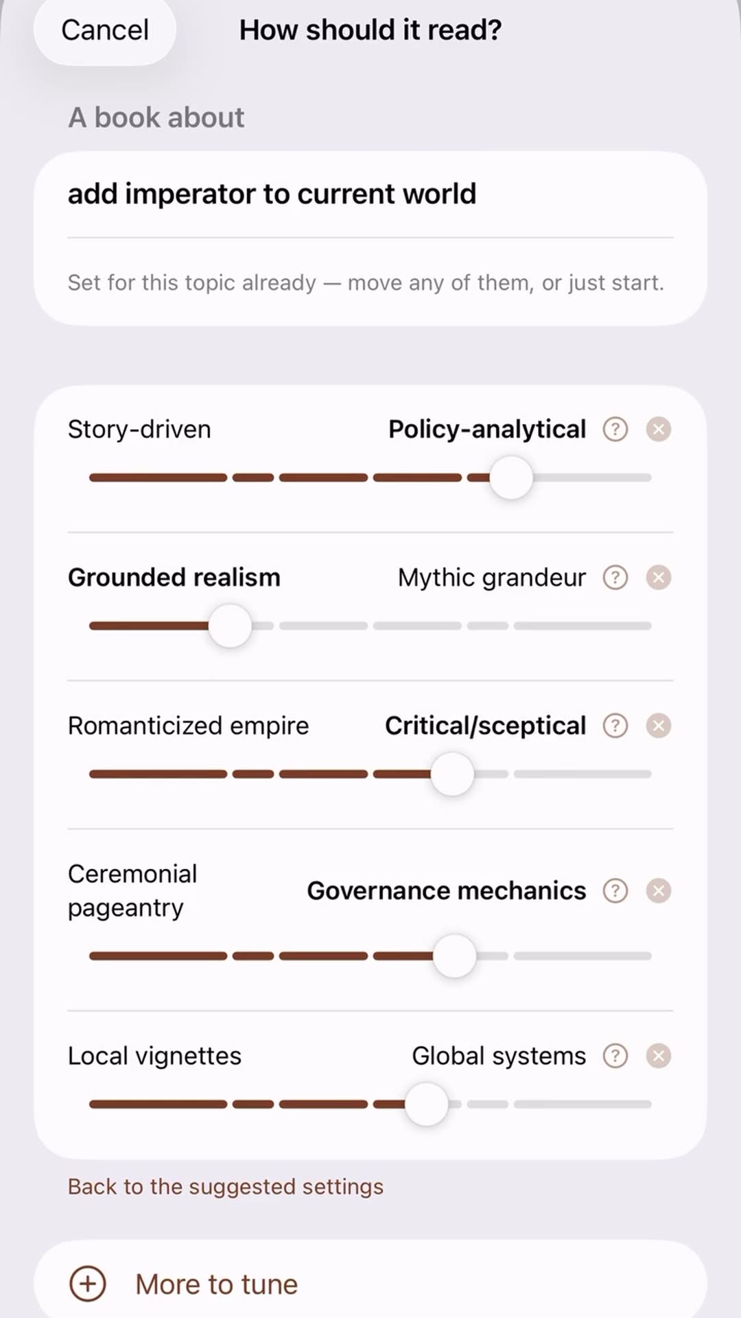 A screen recording of a mobile reading app. The user types a prompt, 'add imperator to current world', into a Library search box and then adjusts many 'How should it read?' sliders, such as policy-analytical versus story-driven and consent-based hegemony versus coercive rule. The recording ends on…