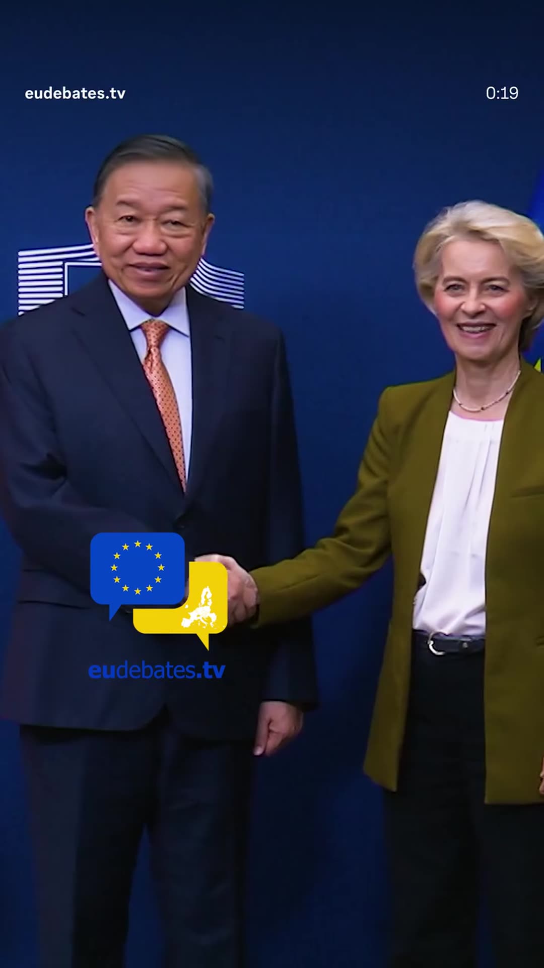A repost of an @eudebates.tv reel showing the welcome of Vietnam's president at the European Commission in Brussels. The two leaders pose and shake hands in front of the Vietnamese and EU flags, then the video shows the flags flying outside the Berlaymont building.