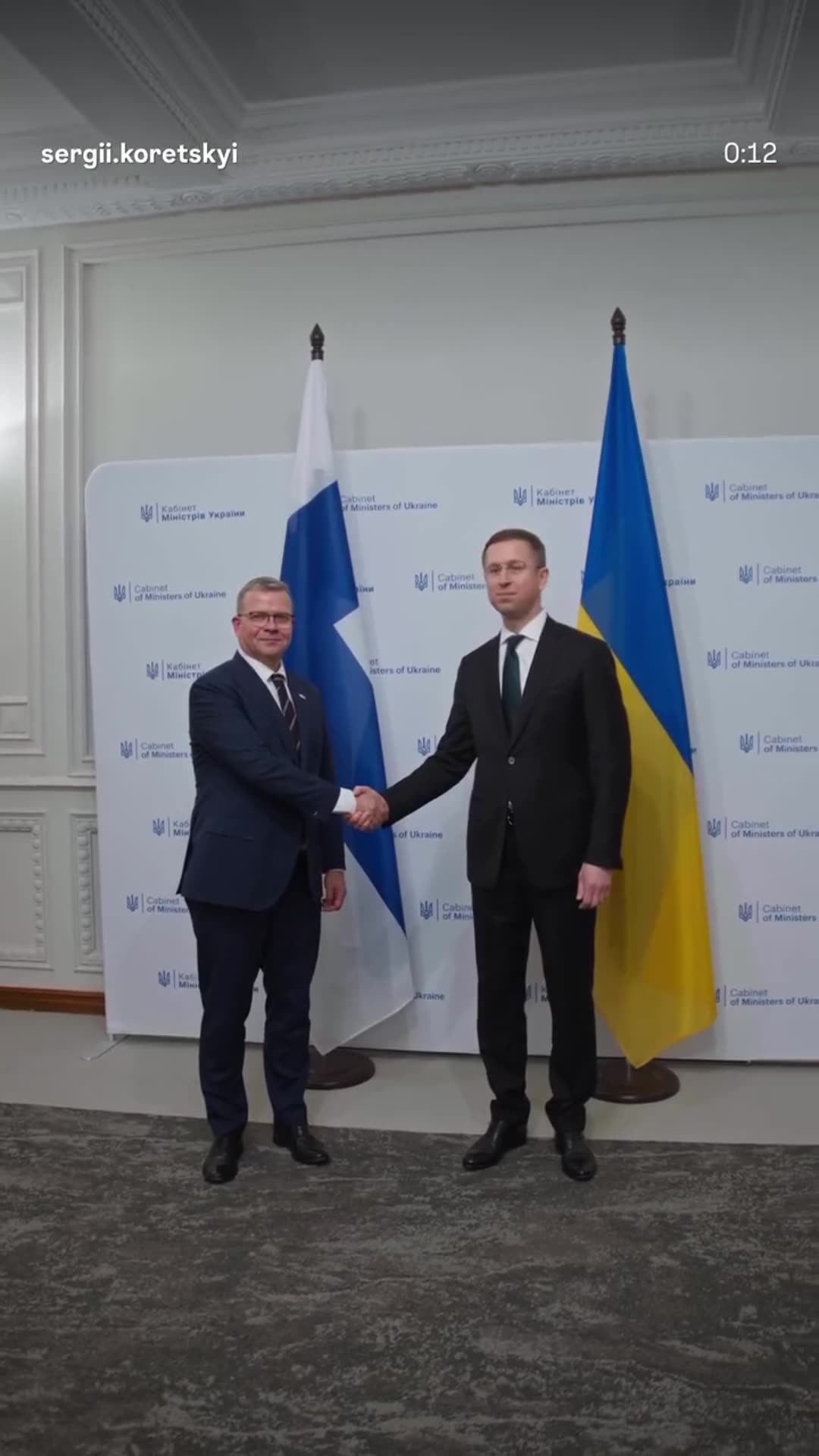 A story resharing a reel about Finnish Prime Minister Petteri Orpo's visit to Kyiv. It shows his arrival at the Cabinet of Ministers, a handshake in front of the Finnish and Ukrainian flags, an honour guard at the Wall of Remembrance and the working talks.