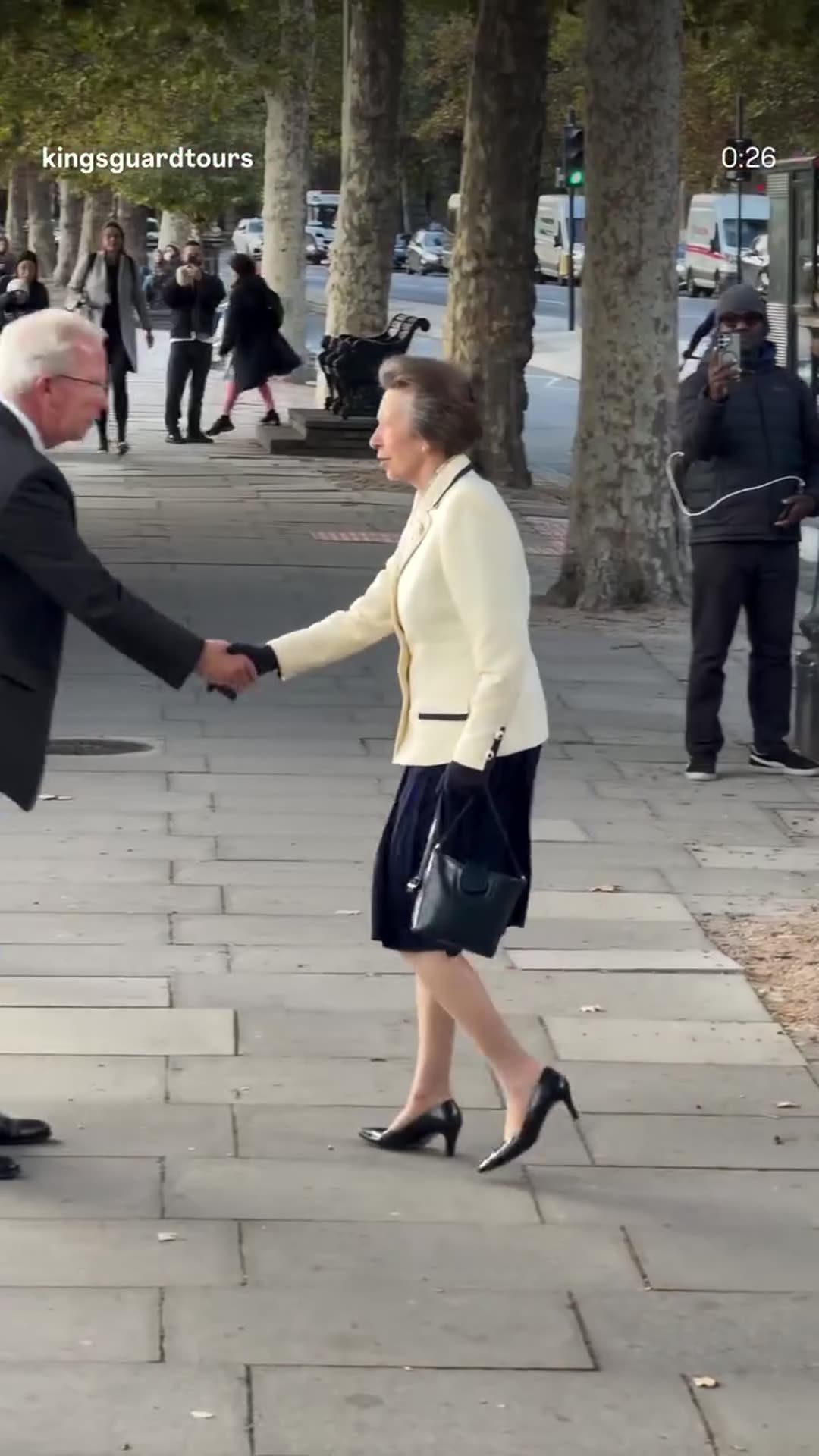 A story reshares a King's Guard Tours reel showing Princess Anne arriving on the Victoria Embankment in London, being greeted, walking along the Thames and boarding HMS Wellington for a Maritime UK National Council Roundtable.