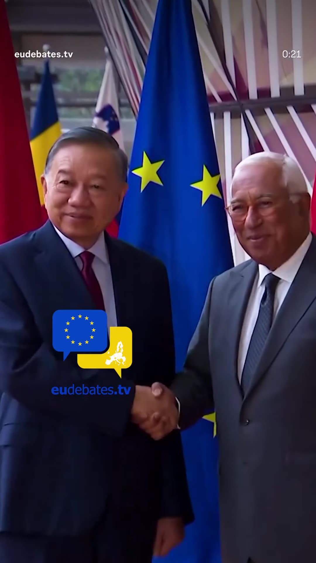 A story reshares an eudebates.tv reel showing Vietnam's President Tô Lâm arriving at the Europa building in Brussels and being welcomed by European Council President António Costa before their talks.