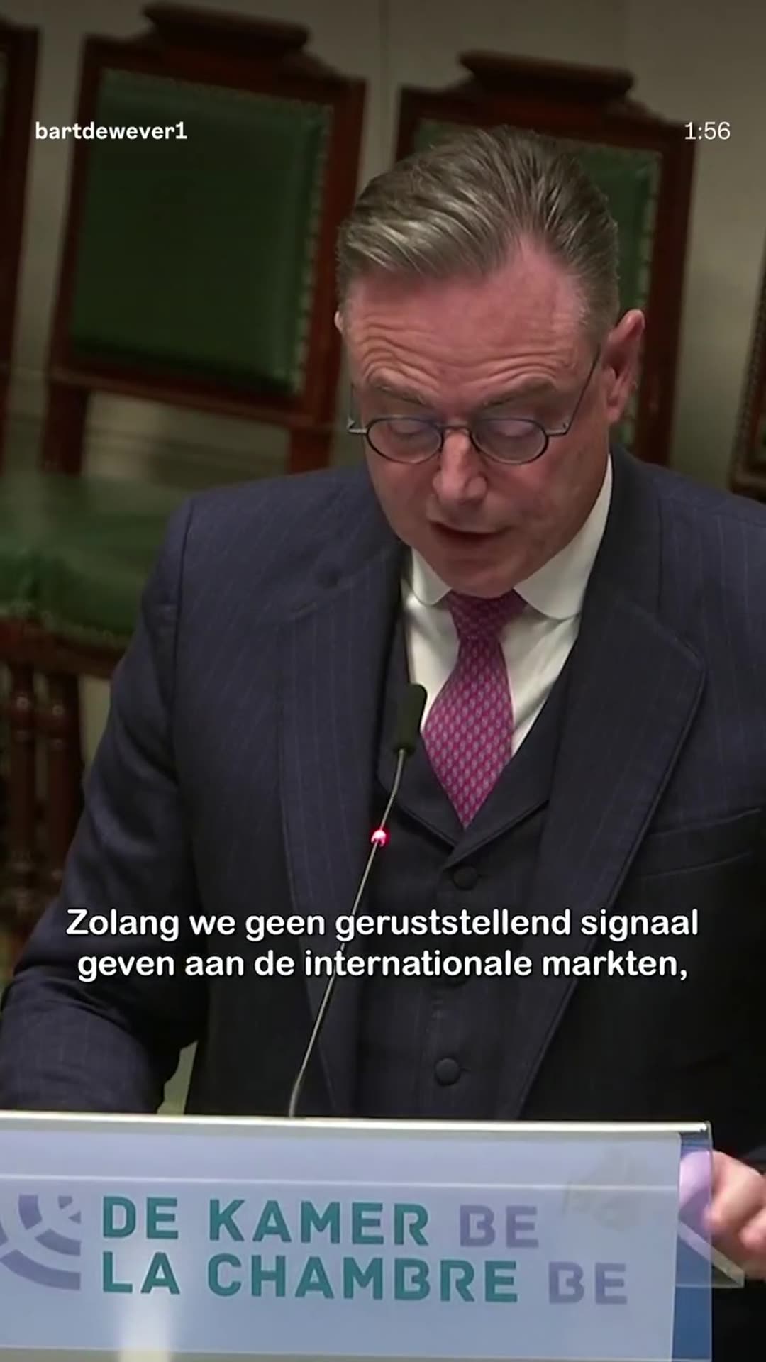 A story reshares a reel by @bartdewever1 of a speech in the Belgian Chamber of Representatives, urging a quick conclusion to the budget exercise and warning about pressure from the financial markets.