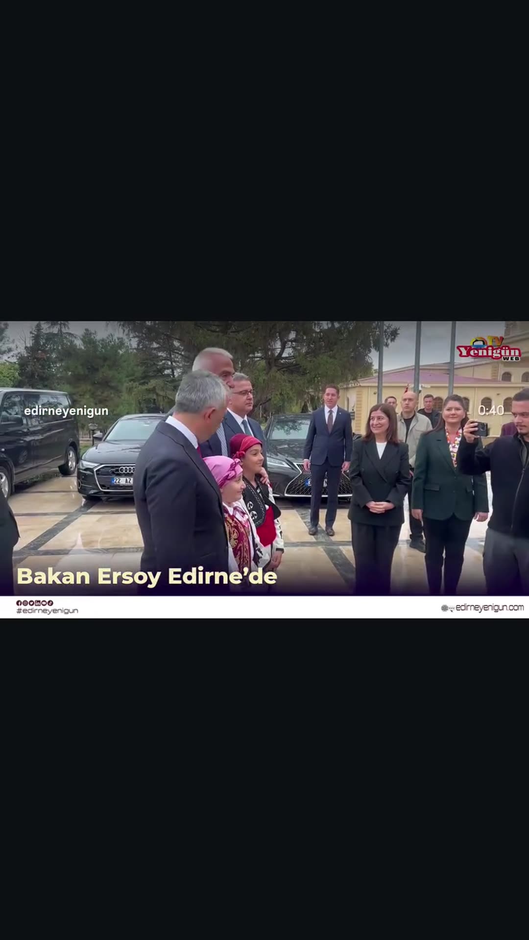 A reposted local news reel from Yenigün Gazetesi shows Culture and Tourism Minister Mehmet Nuri Ersoy arriving in Edirne. He is welcomed outside by the governor and children in folk costume, greeted by officials and press, and then signs the honor book at the Edirne Governorship.