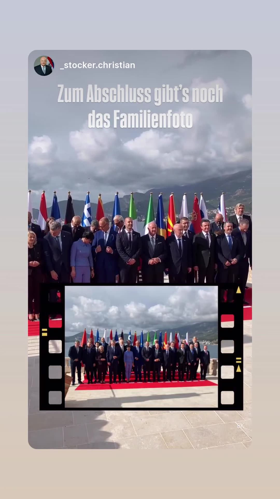 A reshared story shows leaders and delegates gathering for the official family photo at the end of a summit, in front of a row of flags on a red carpet by the sea. A film-strip inset shows a wider view of the same group.