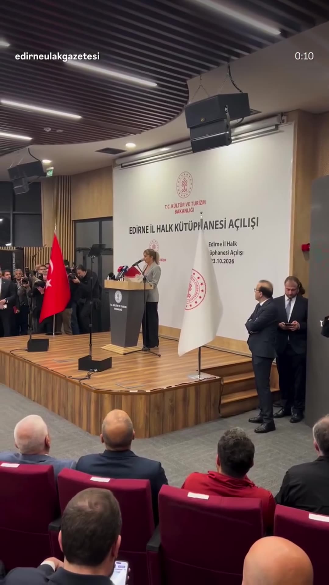 A story reshares an Edirne Ulak Gazetesi reel of the opening ceremony of the Edirne Provincial Public Library, showing seated officials, a speaker at the podium welcoming guests and applause.