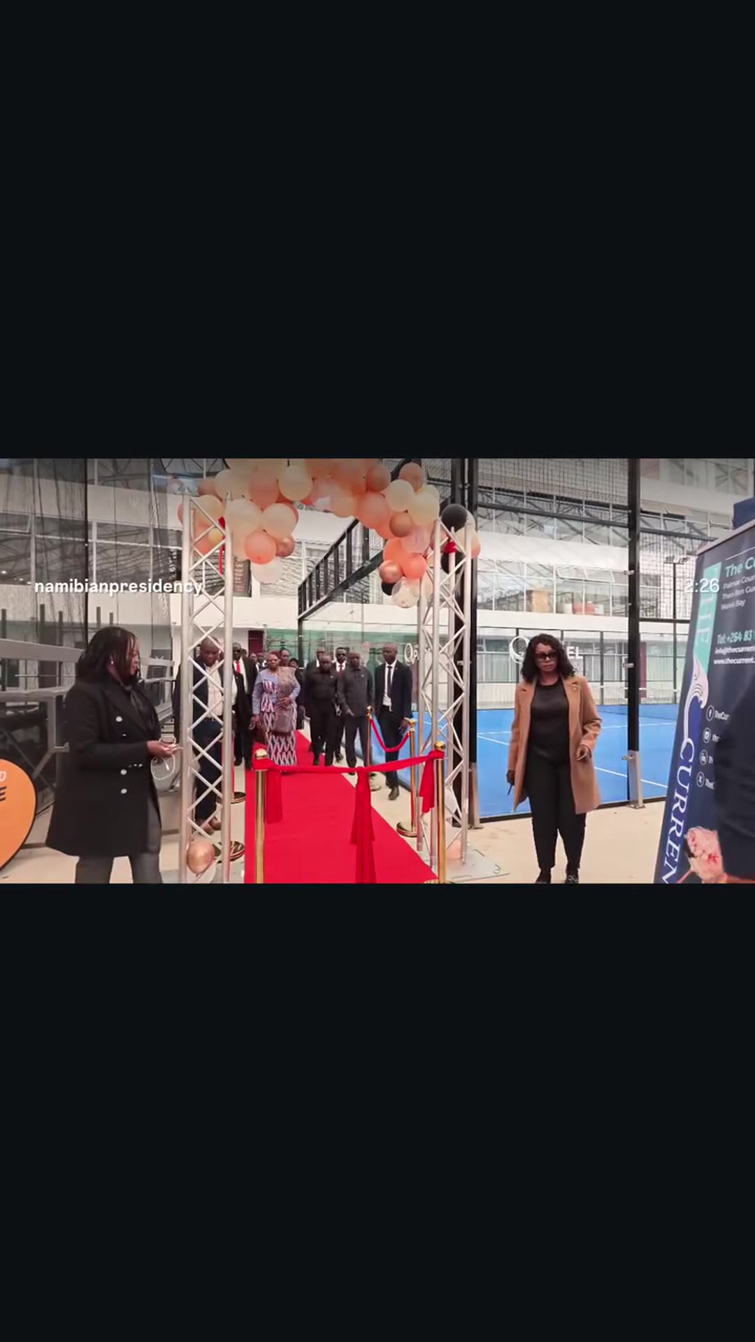 A reshared reel from the Namibian Presidency shows the official opening of the 10th Swakopmund International Trade Expo (SWAiTEX) 2026: the arrival along a red carpet, the ribbon cutting, a tour of exhibition stalls and a closing group photo.