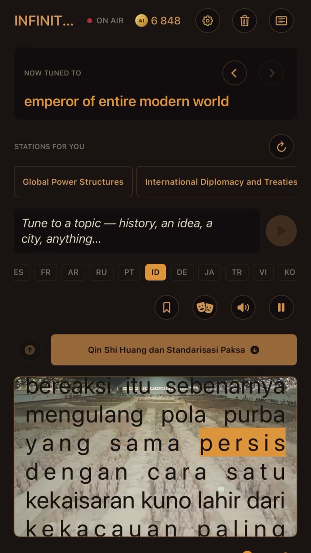 A screen recording of a reading/audio app called Infinite ("ON AIR") tuned to the topic "emperor of entire modern world", showing an Indonesian-language text that is read aloud with word-by-word highlighting. The text links a record-fast digital bank run in America to the rise of Qin Shi Huang's em…