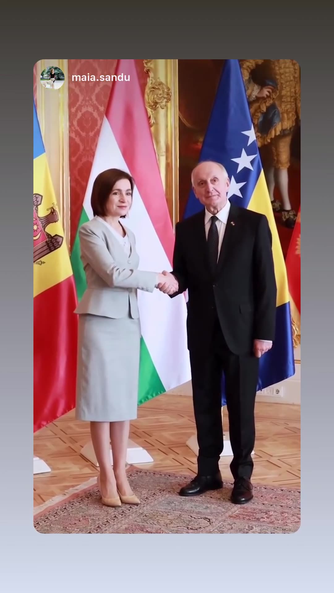 A story reshares Maia Sandu's video of being welcomed by the President of Hungary, András Baka, at Sándor Palace, with handshakes, flag-side photos and a group photo with other guests.