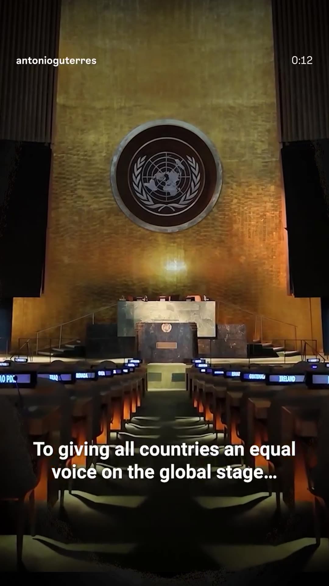 A story reshares António Guterres's reel marking United Nations Day. He says the UN is an idea of working together for peace, development and human rights. A montage of archival and aid footage illustrates its work, and the reel ends with the UN flag and logo.