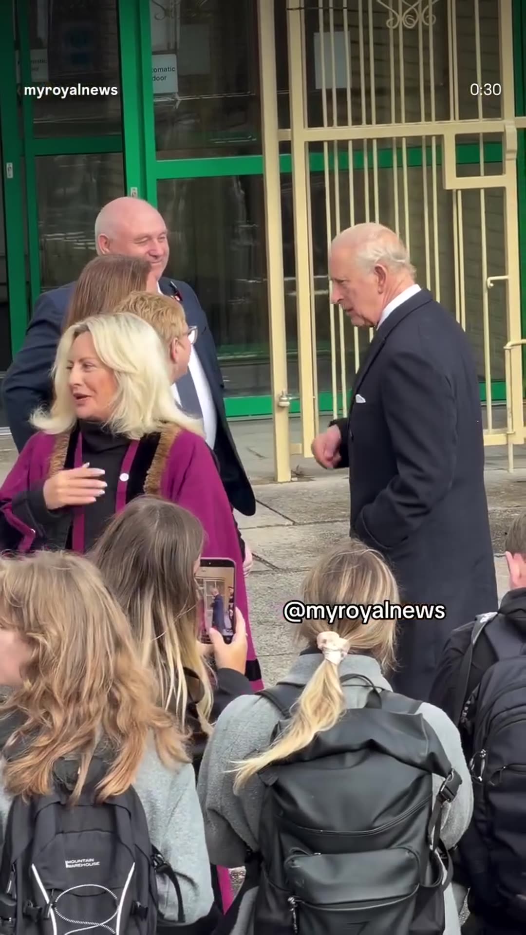 A story reshares My Royal News's reel showing King Charles arriving at the Aberfan and Merthyr Vale Community Centre. He greets officials in the welcoming line and then walks inside to meet survivors and bereaved families on the 60th anniversary of the Aberfan disaster. The video is shot from behin…