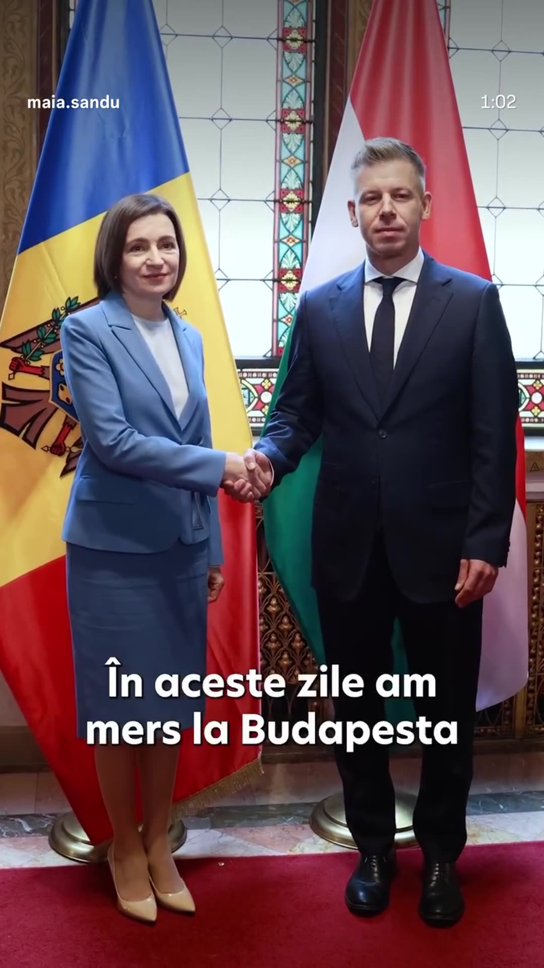 A story reshares Maia Sandu's reel about her visit to Budapest. She attended the 70th anniversary commemoration of the 1956 Revolution with other regional leaders and held talks with Hungary's prime minister and president on Moldova's European path.