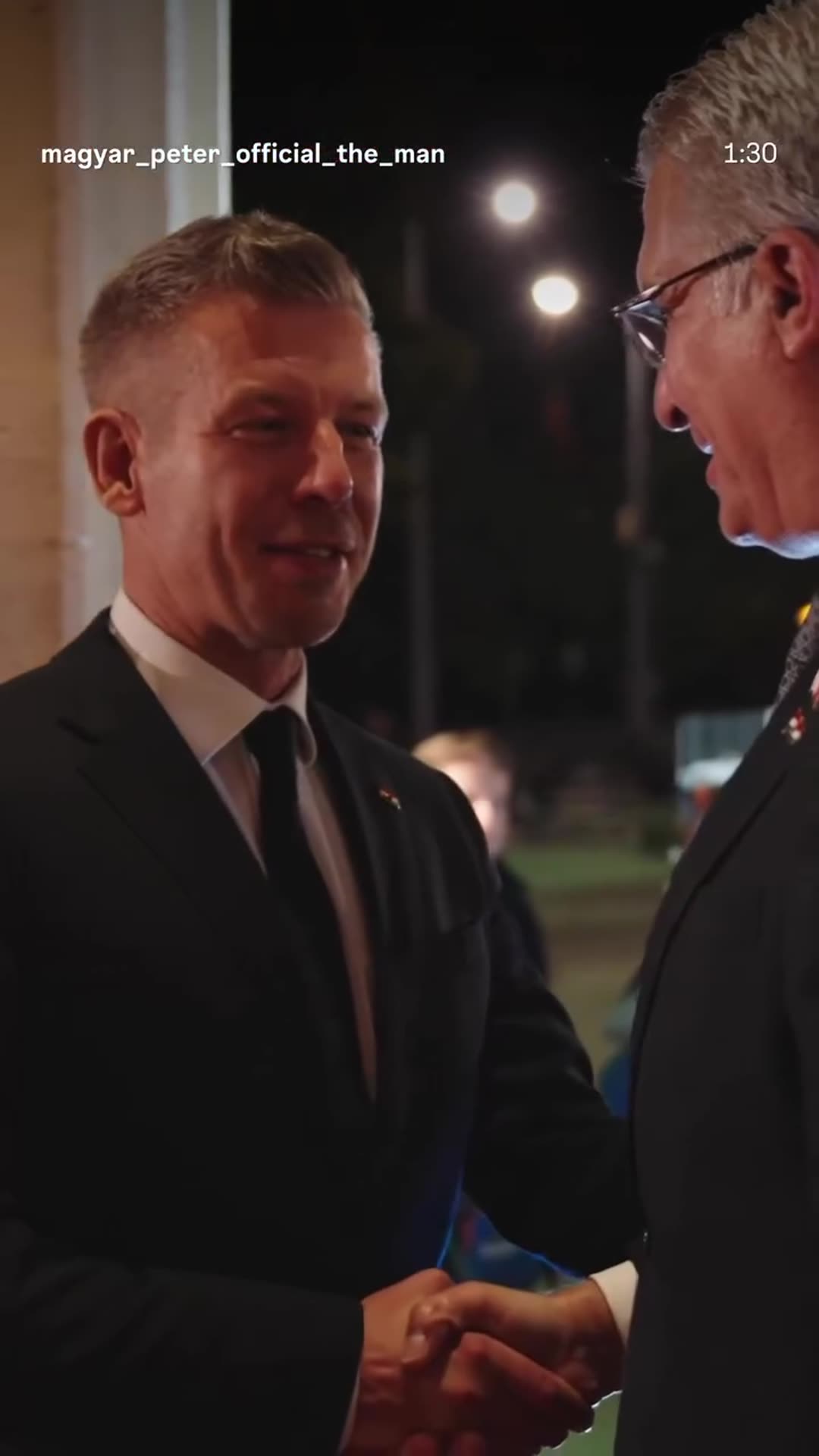 A story reshares Péter Magyar's reel from the commemoration of the 1956 Revolution in Budapest. It shows him greeting foreign guests on a red carpet, a trumpet fanfare, a gala dinner and his speech thanking guests for joining this special day.