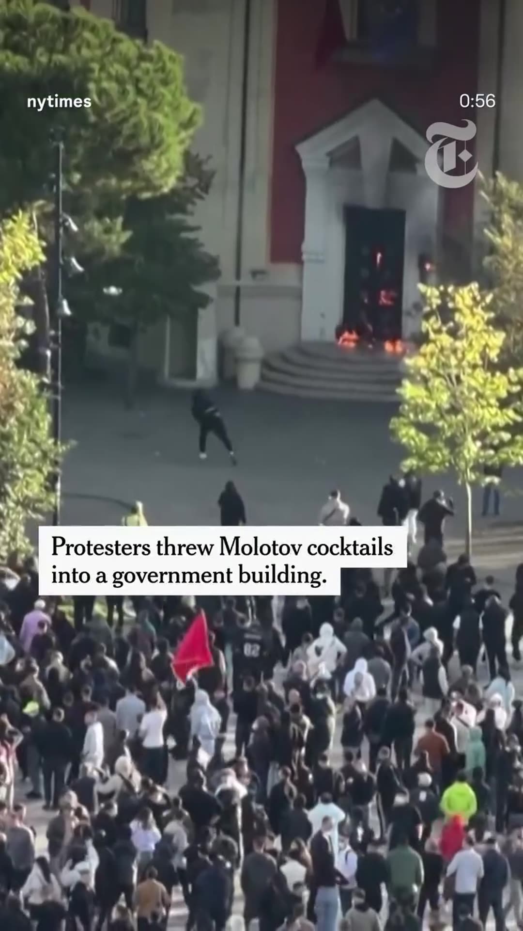 A story reshares a New York Times reel on the protests in Tirana, Albania, where thousands marched over living costs and education, with Molotov cocktails thrown, police using water cannons and tear gas, and calls for Prime Minister Edi Rama to resign.