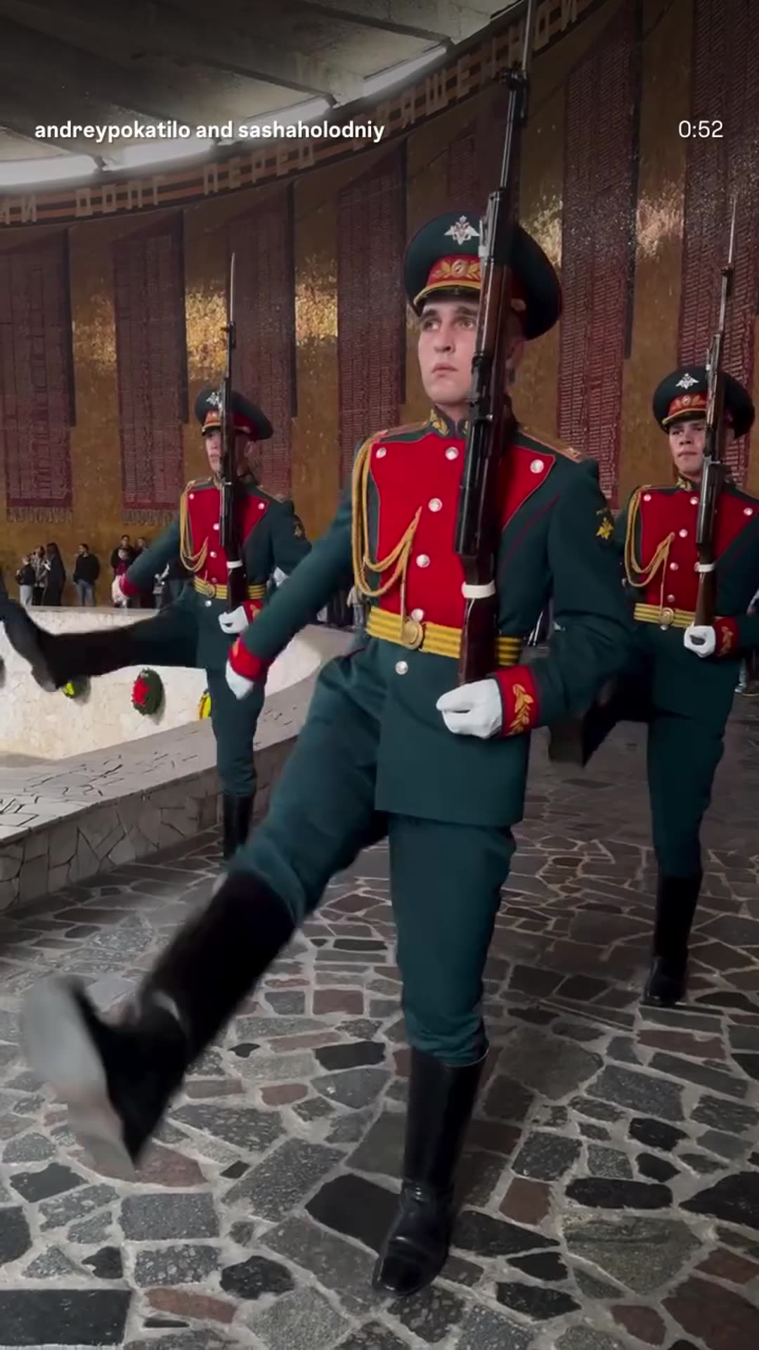 A story reshares @andreypokatilo's reel of the changing of the guard at the Eternal Flame in the Hall of Military Glory on Mamayev Kurgan, Volgograd, shown at 1.7x speed.
