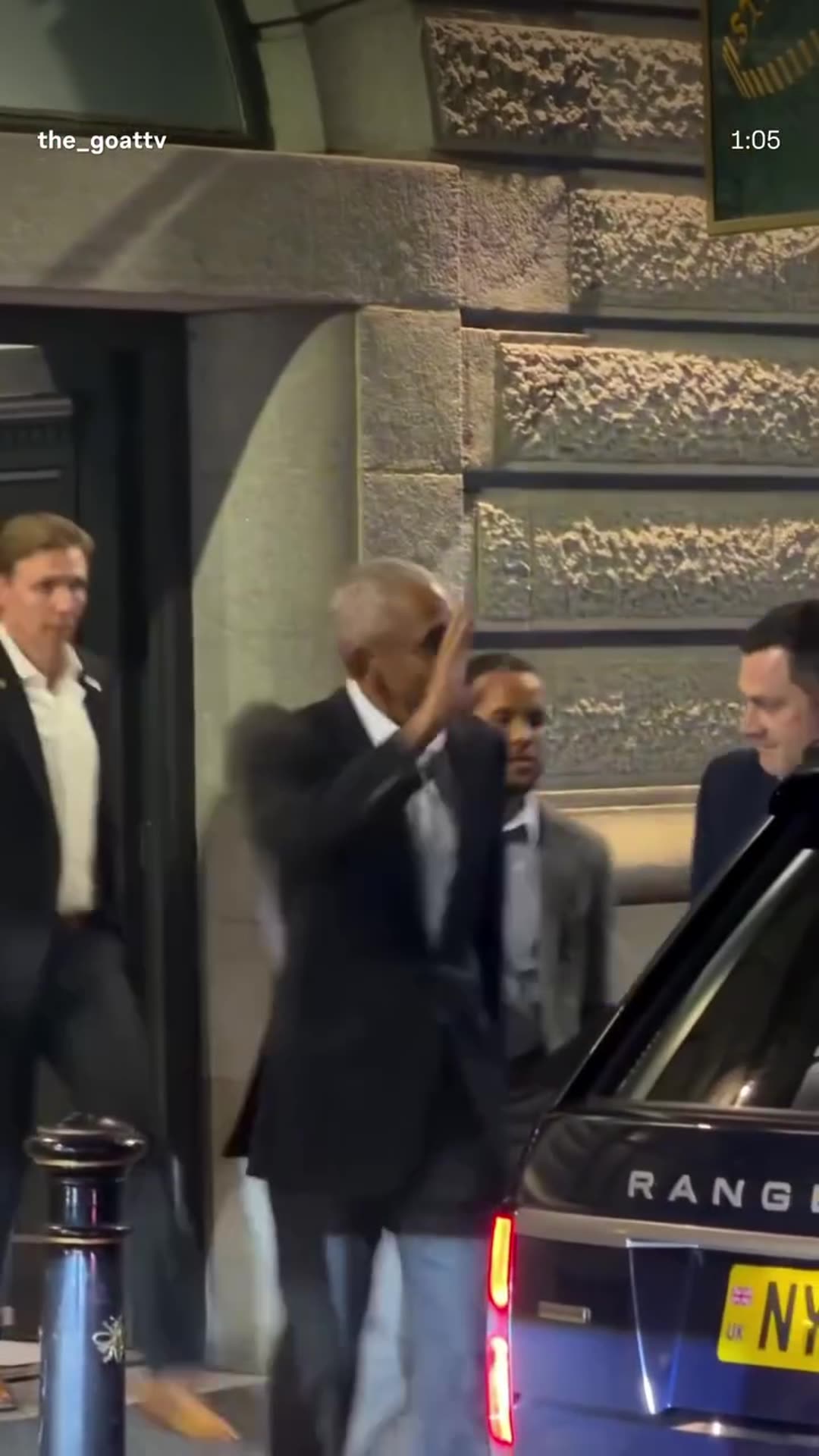 A story reshares a reel by @the_goattv in which an executive protection expert analyzes how the Secret Service detail coordinated former President Obama's entry and exit in Manchester. Night footage shows agents positioned around a Range Rover outside a stone building, followed by the expert's comm…