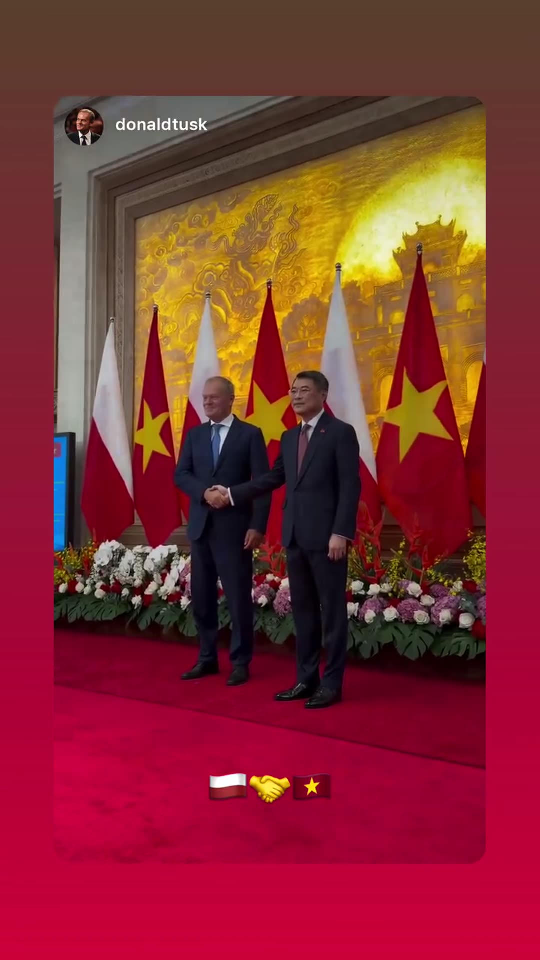 A story reshares a video from Donald Tusk's account of two men in dark suits shaking hands and waving in front of Polish and Vietnamese flags in a formal hall. Polish flag, handshake and Vietnamese flag emojis are overlaid at the bottom.