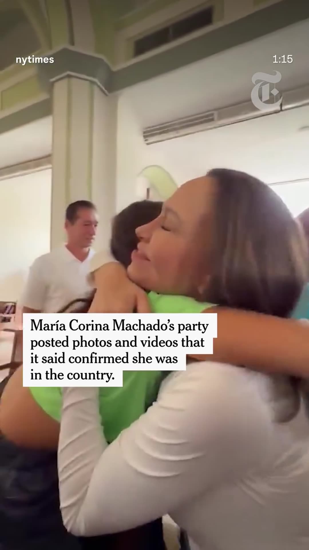 A story reshares The New York Times reel on opposition leader María Corina Machado returning to Venezuela after almost a year in exile. It shows her greeting supporters, President Trump's remarks about her, and an interview clip.
